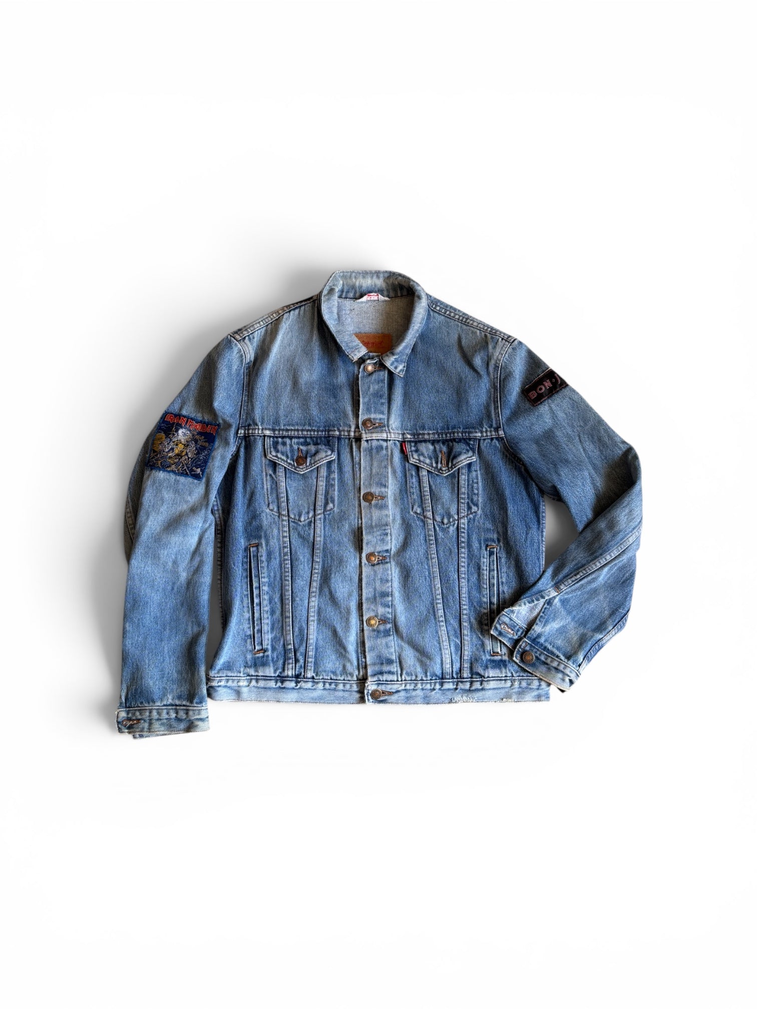 Vintage 70's 80's Levi's Trucker denim Jacket customized with official rare patches of Guns'N Roses, Iron Maiden, Bon Jovi