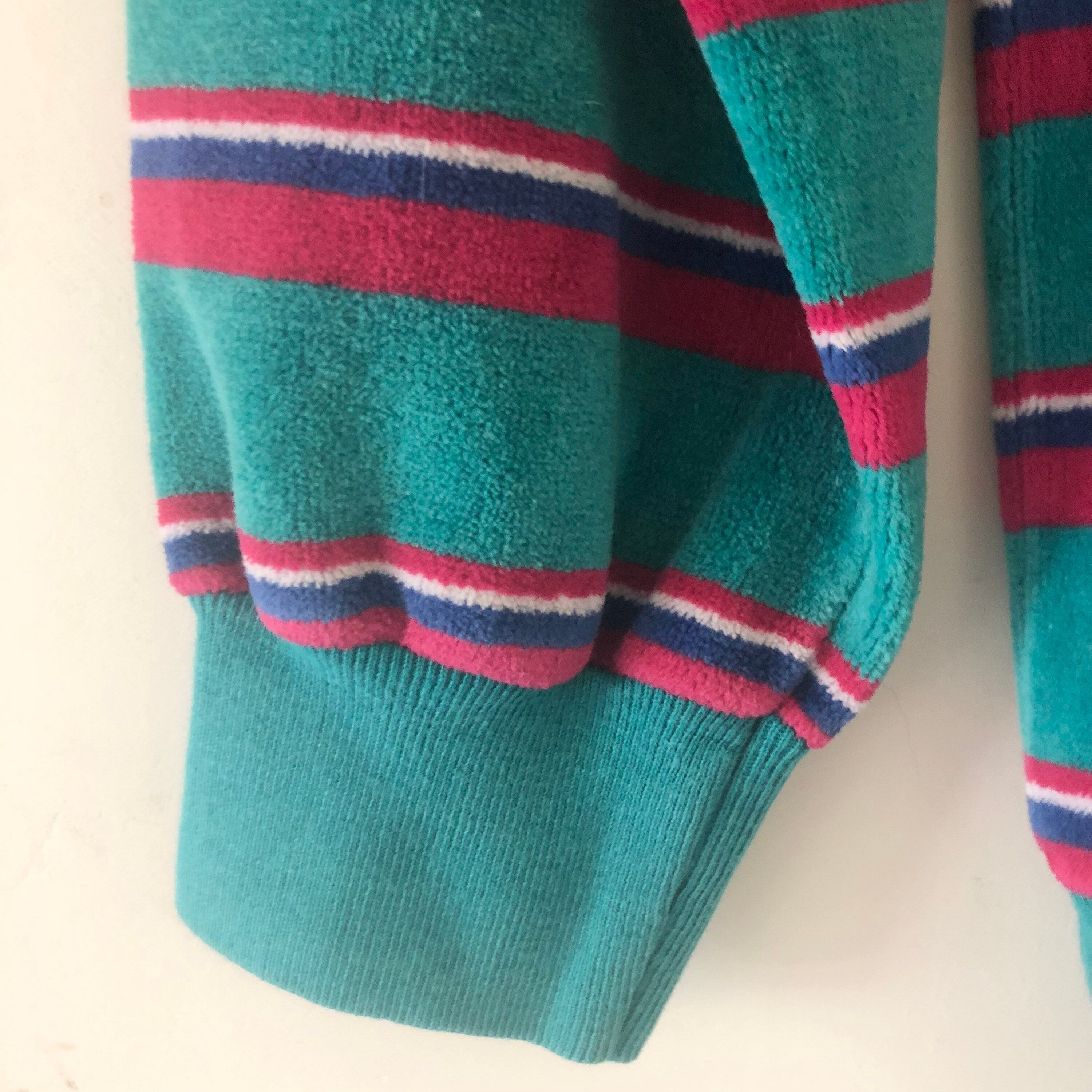 Vintage 70s Bloomingdale's velours turquoise striped sweat-shirt made in usa S|M