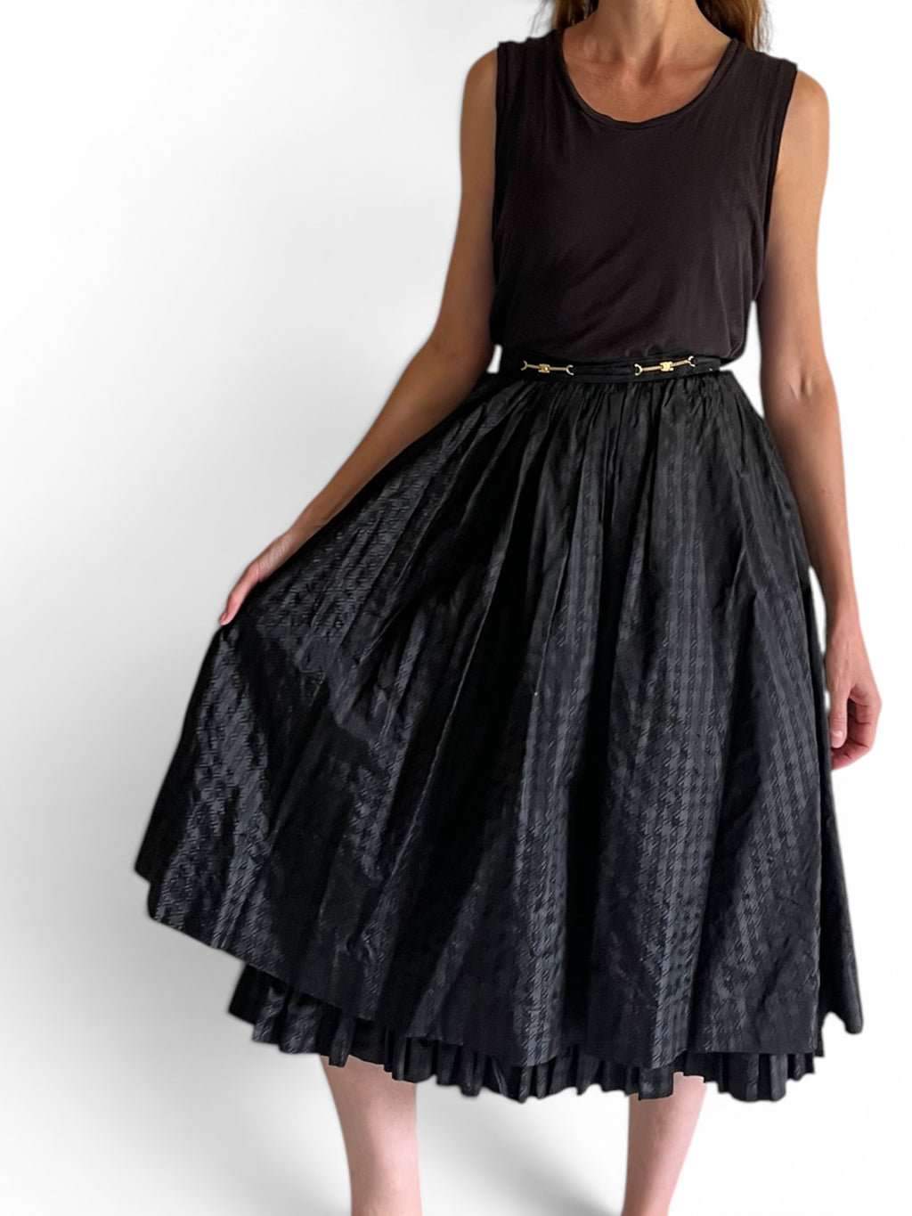 Vintage CELINE Black silk Taffetas Ballet Skirt with Triomph gold chain link belt
