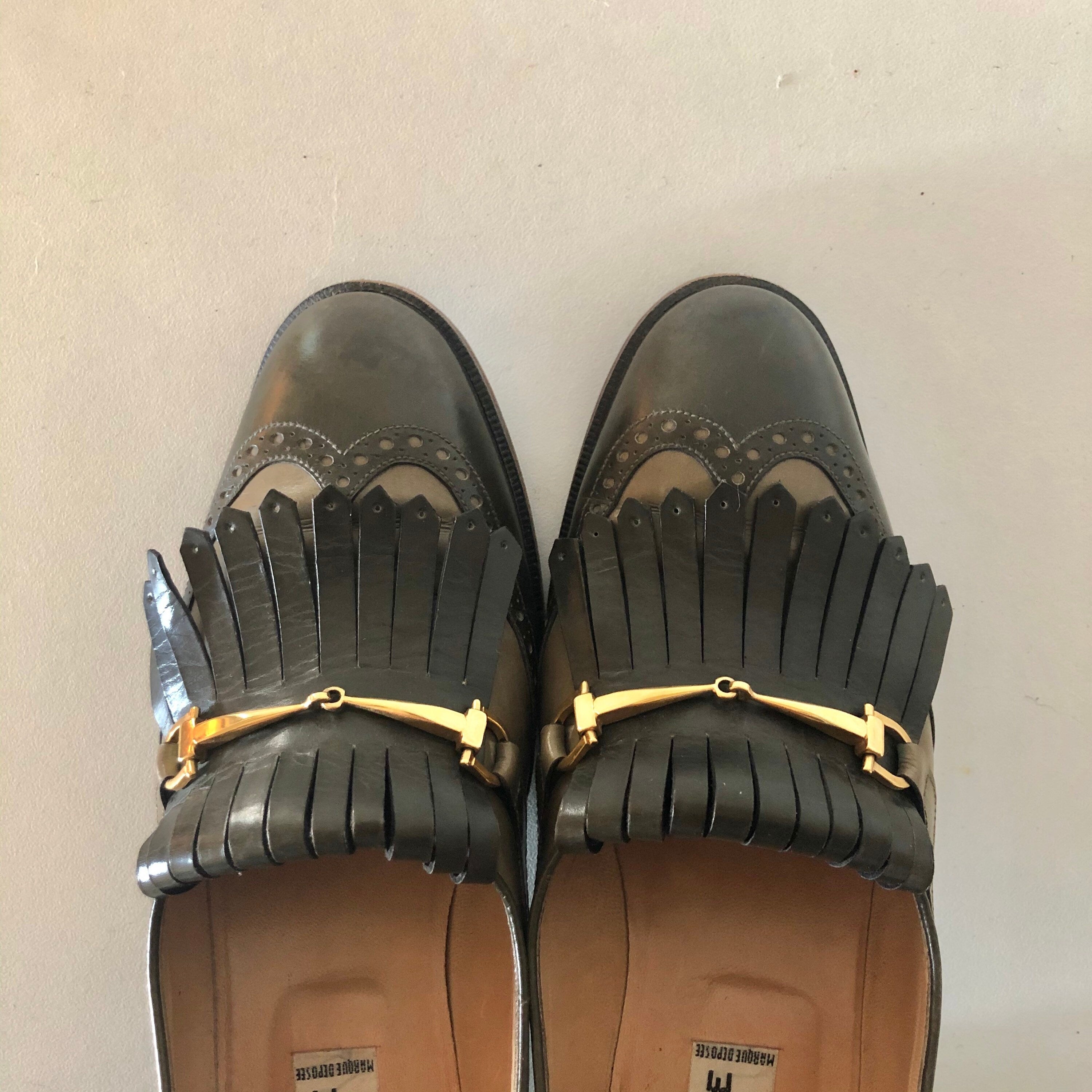 Vintage CELINE green Leather Fringes horsebit heels Loafers 37 FR