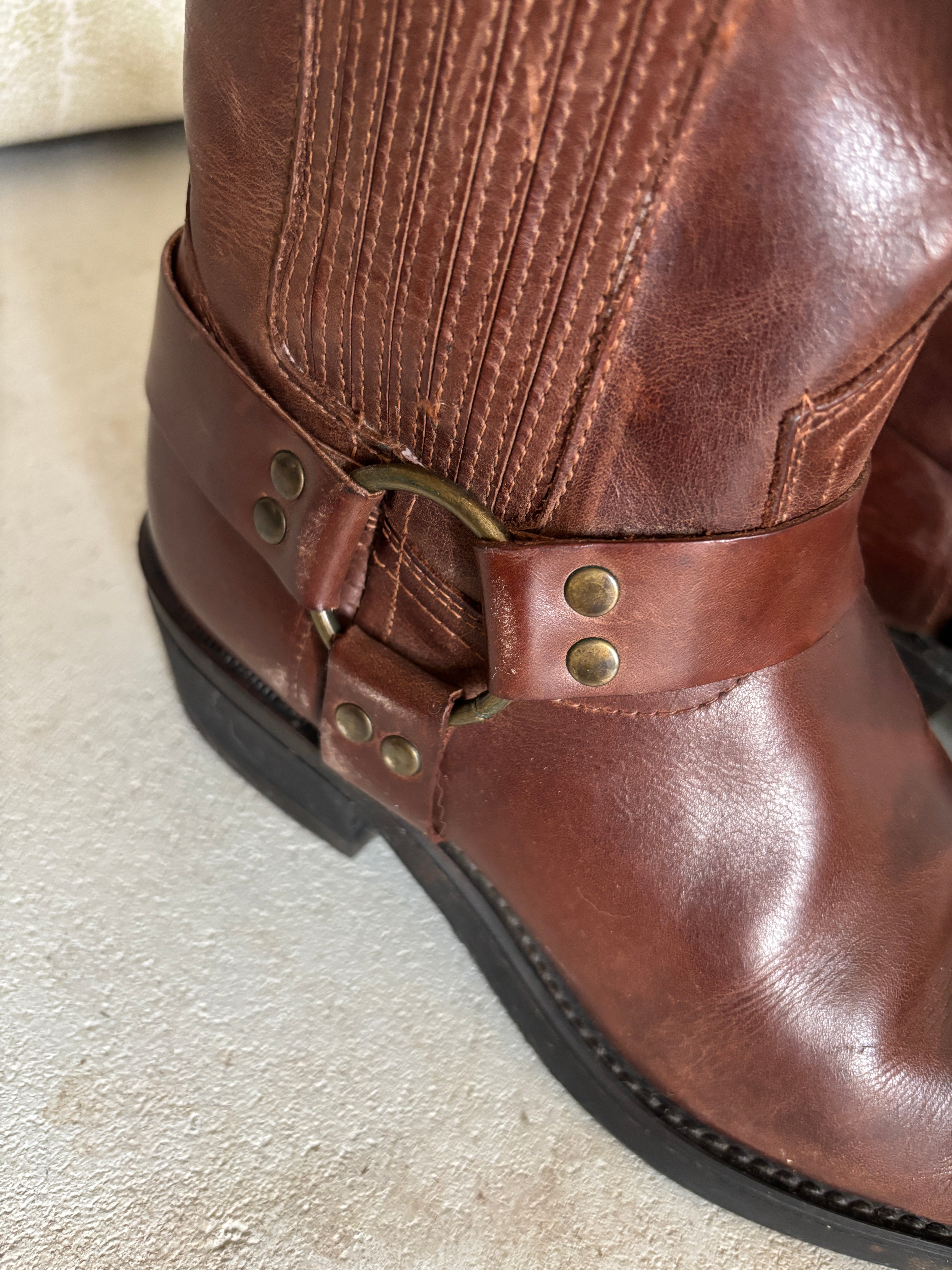 Vintage brown leather harness boots handmade in Canada 38