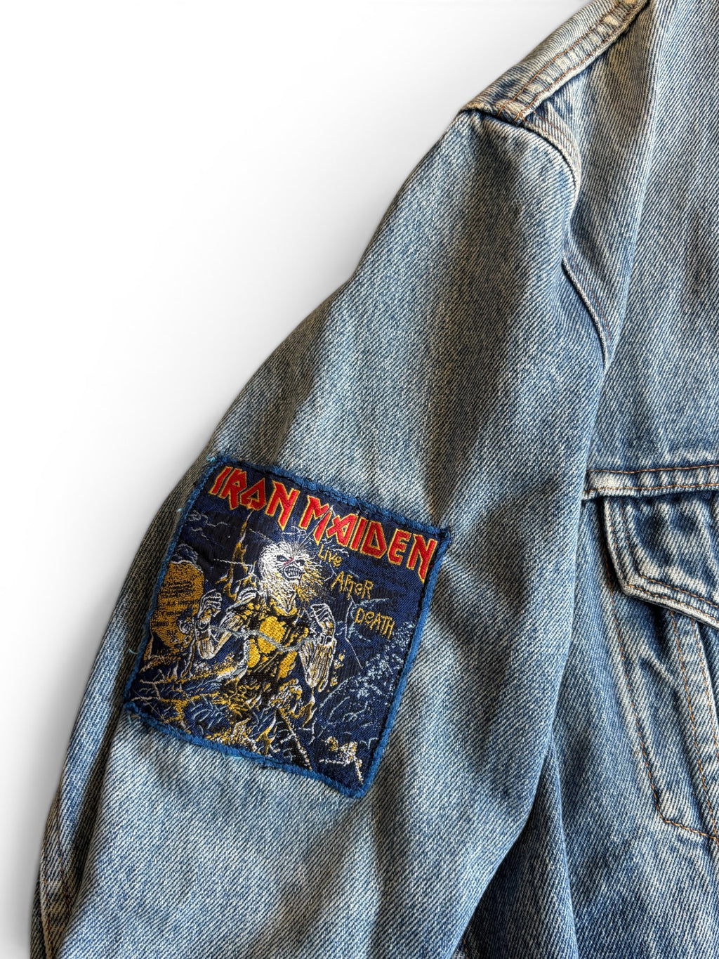 Vintage 70's 80's Levi's Trucker denim Jacket customized with official rare patches of Guns'N Roses, Iron Maiden, Bon Jovi