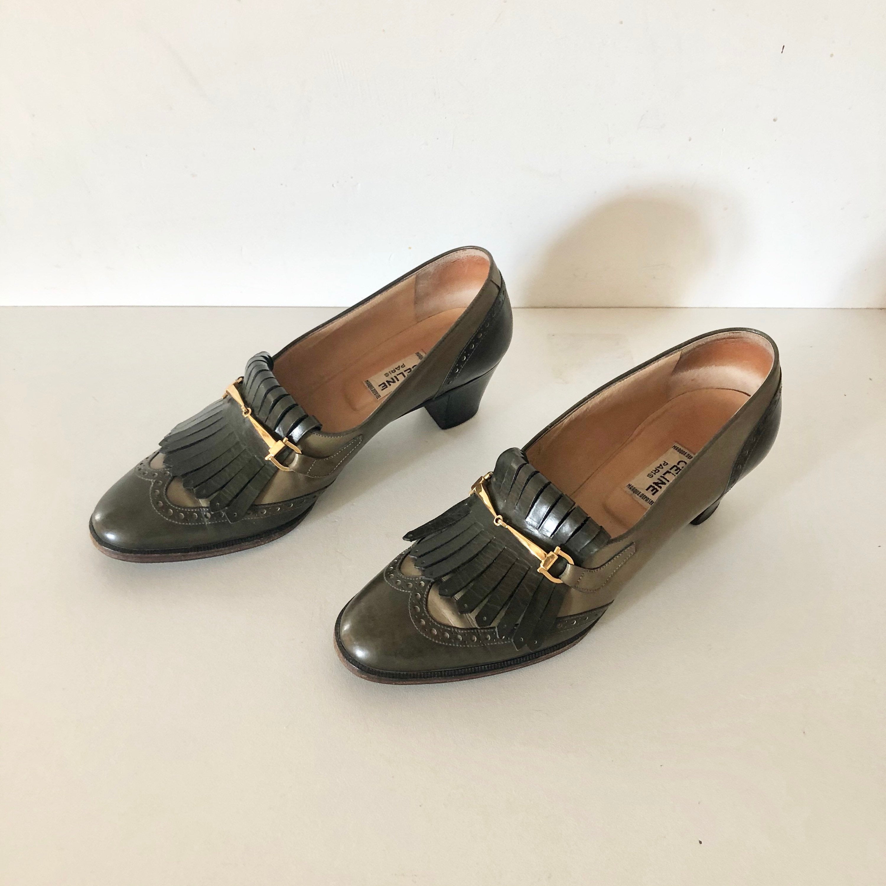 Vintage CELINE green Leather Fringes horsebit heels Loafers 37 FR