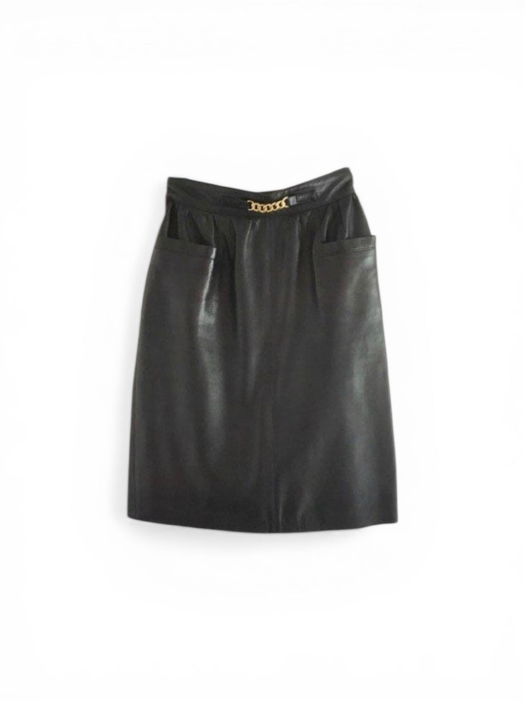 Vintage Celine dark blue lambskin leather high waisted skirt with gold chain brass 36/38