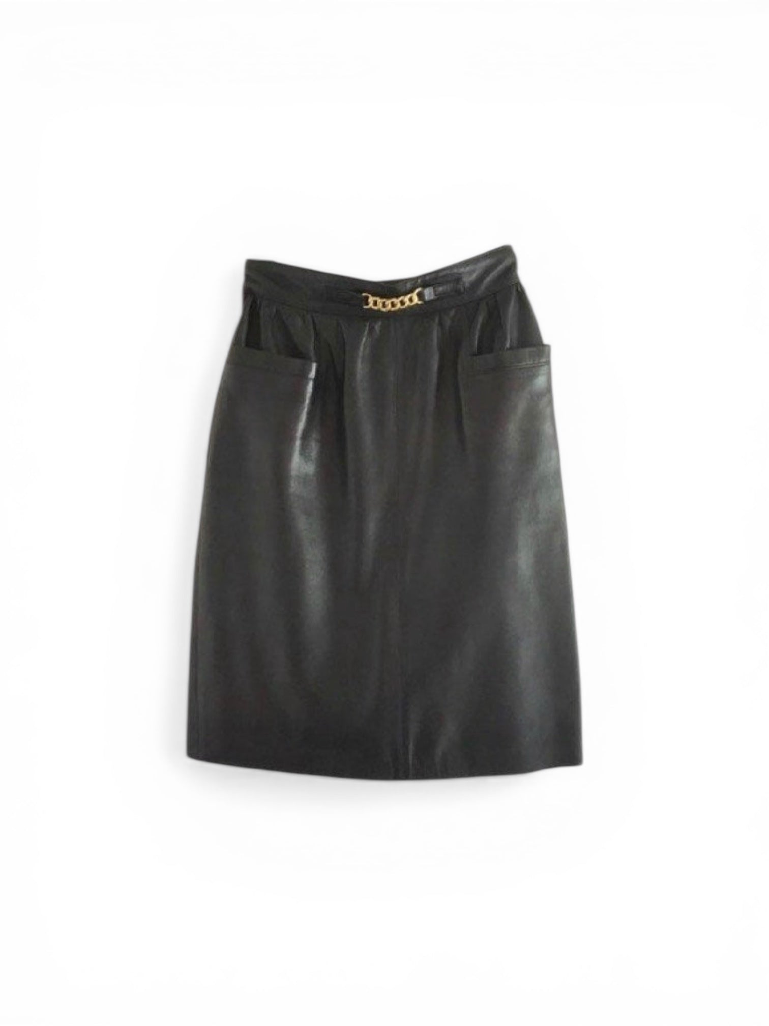 Vintage Celine dark blue lambskin leather high waisted skirt with gold chain brass 36/38