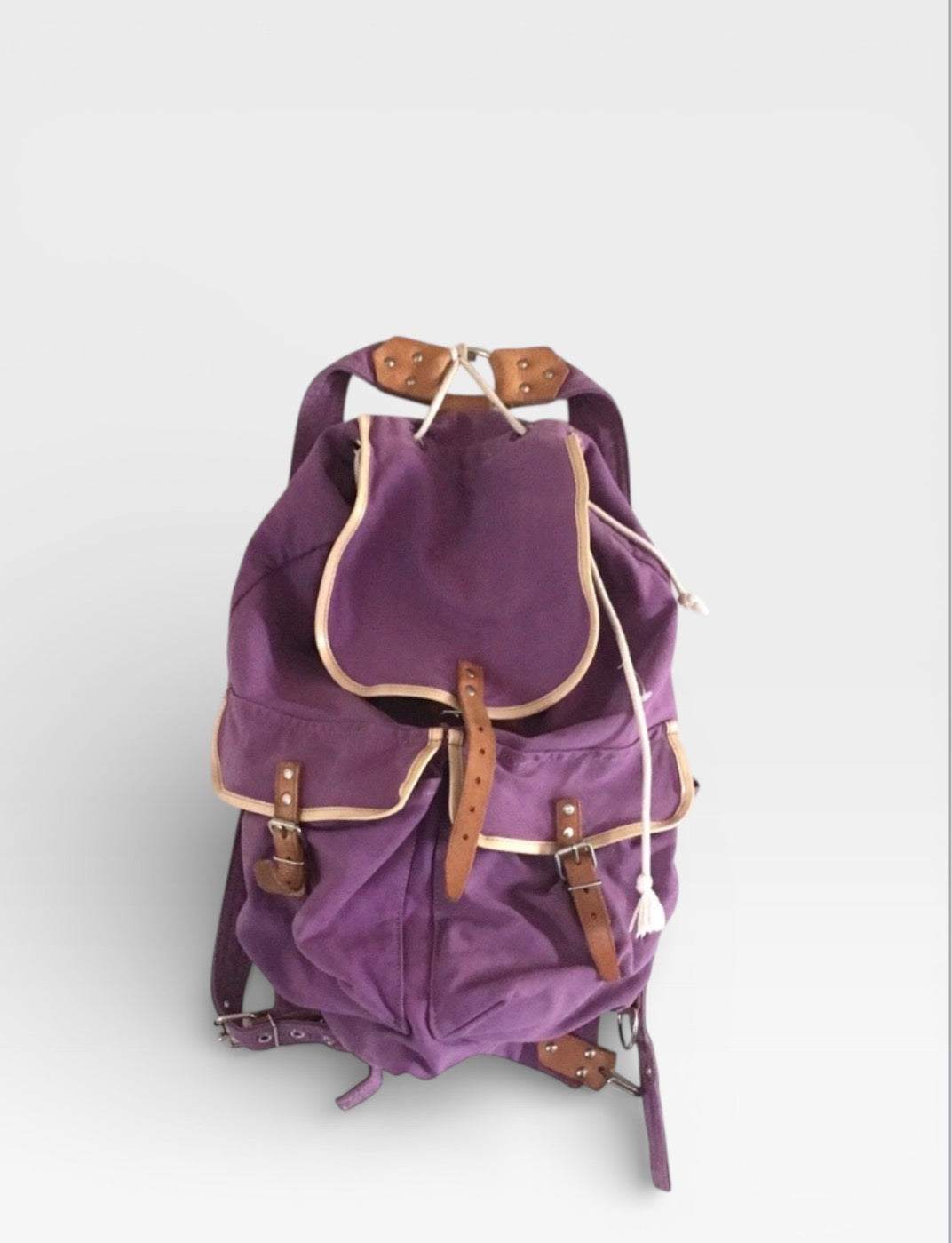 Vintage 70's cotton canvas & Leather trims purple backpack bag