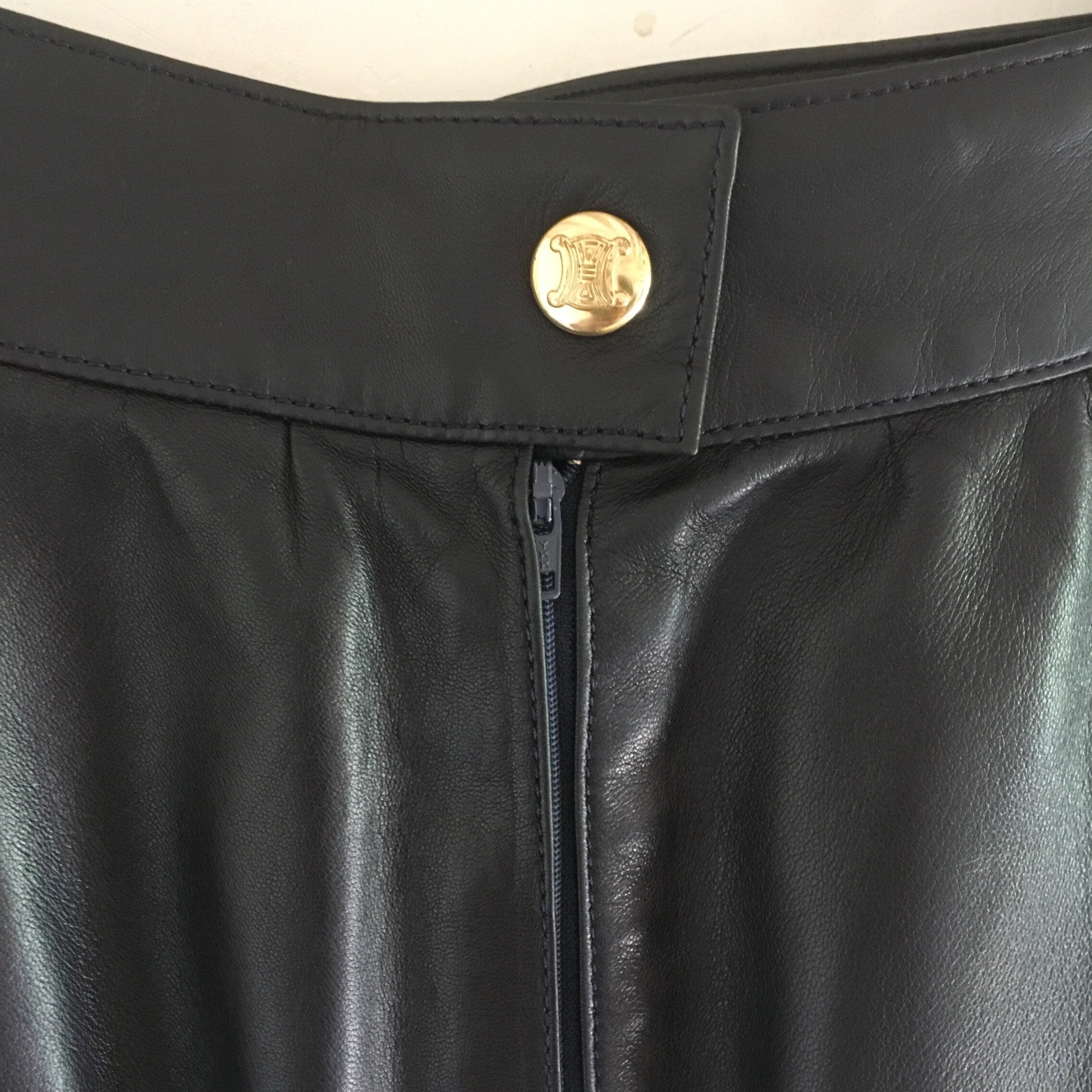 Vintage Celine dark blue lambskin leather high waisted skirt with gold chain brass 36/38