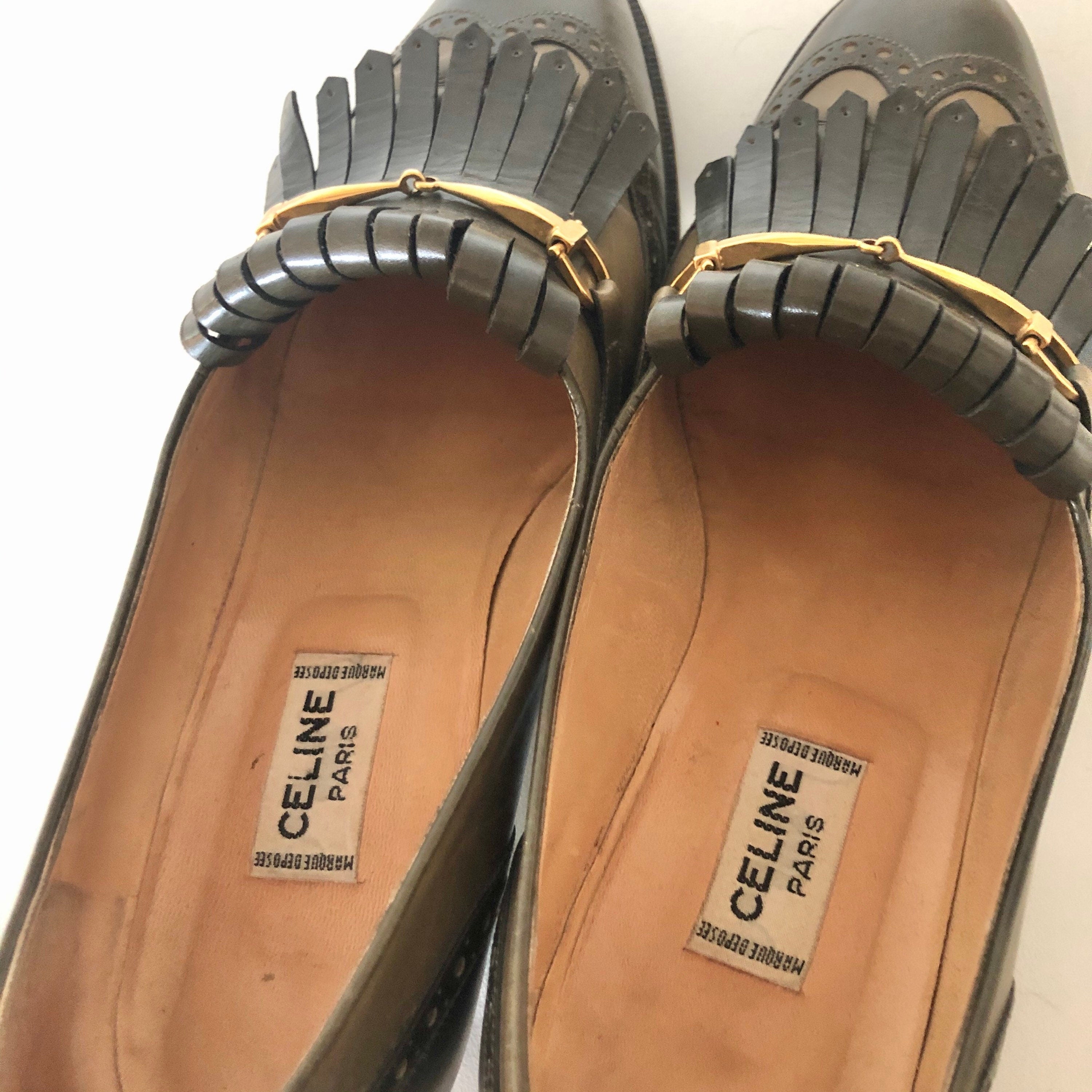 Vintage CELINE green Leather Fringes horsebit heels Loafers 37 FR