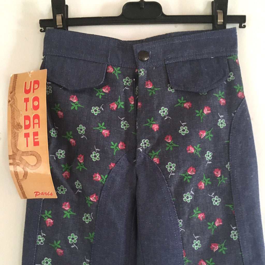 70s Vintage Kids Floral Bell Bottom Jeans • French Deadstock 4 years or 8 years