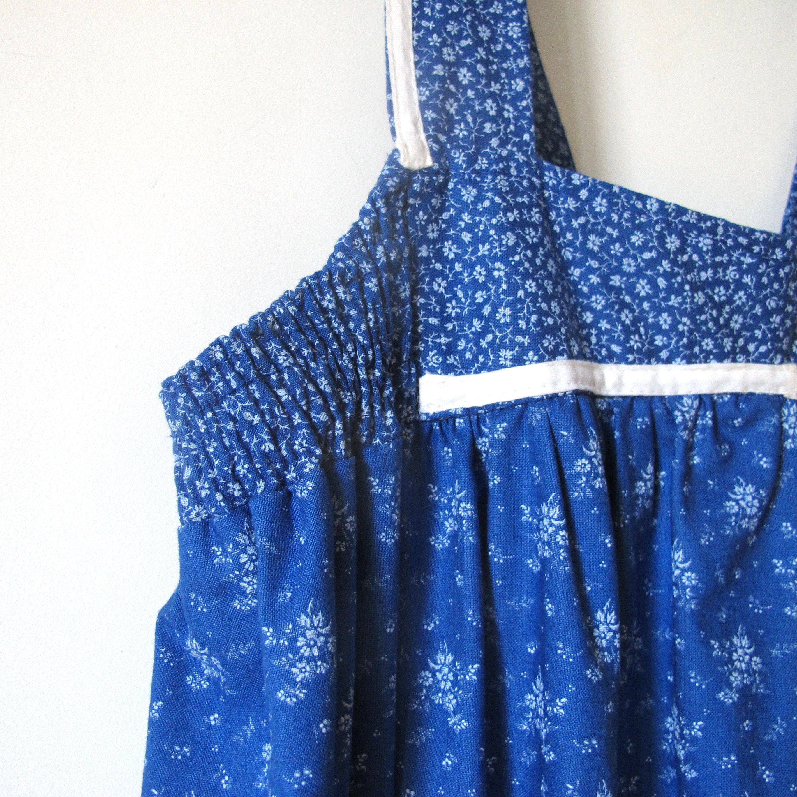 VIntage 70's French Ditsy Floral Blue cotton folk summer dress