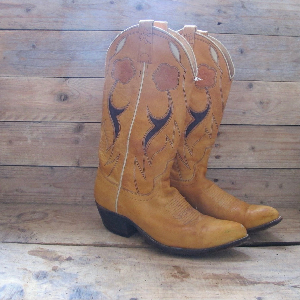 Rare Vintage 80's Ralph Lauren Polo Western cowboy floral Inlay Boots 7.5 /38 made in usa