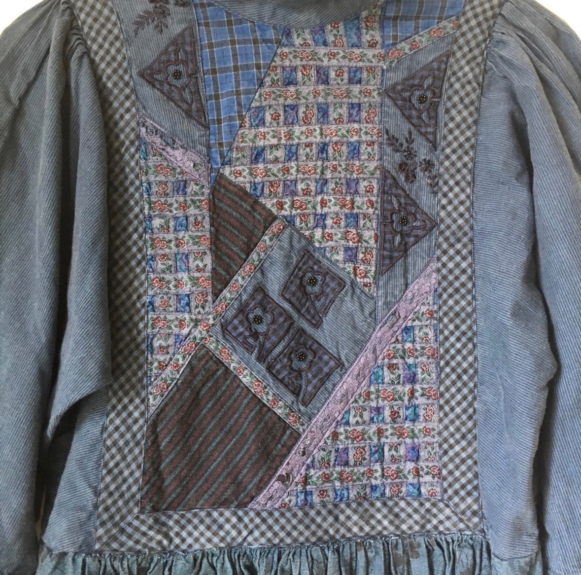Vintage 80's Patchwork Folk Blue Dress S/M