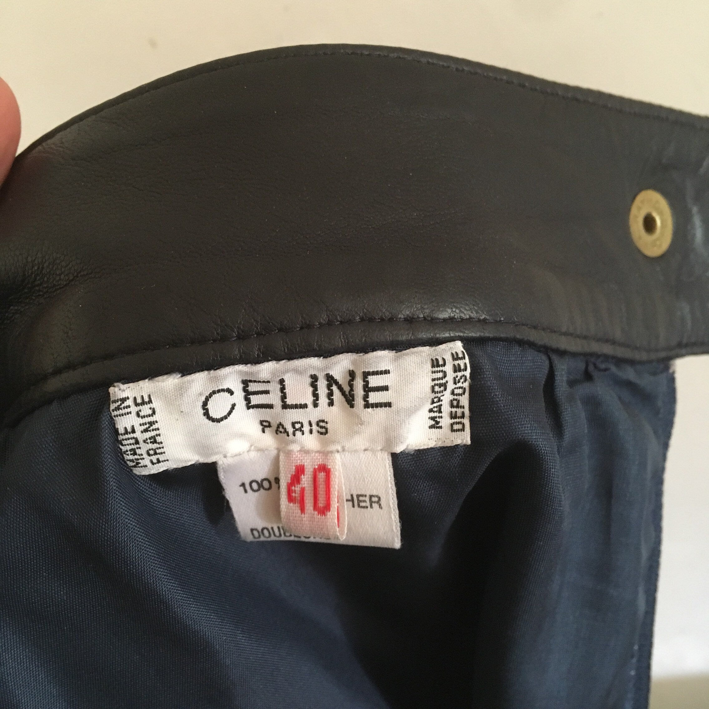 Vintage Celine dark blue lambskin leather high waisted skirt with gold chain brass 36/38