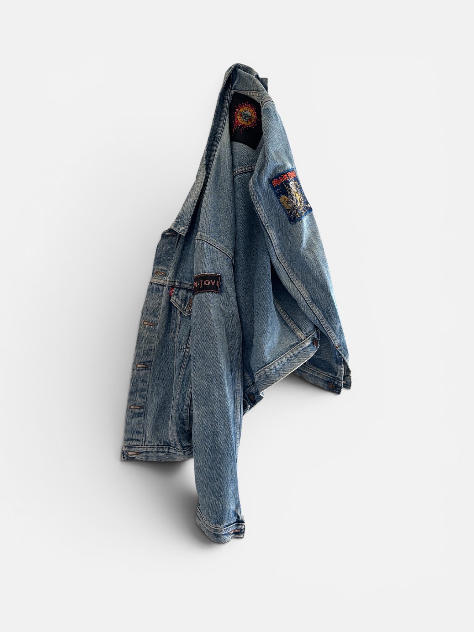 Vintage 70's 80's Levi's Trucker denim Jacket customized with official rare patches of Guns'N Roses, Iron Maiden, Bon Jovi