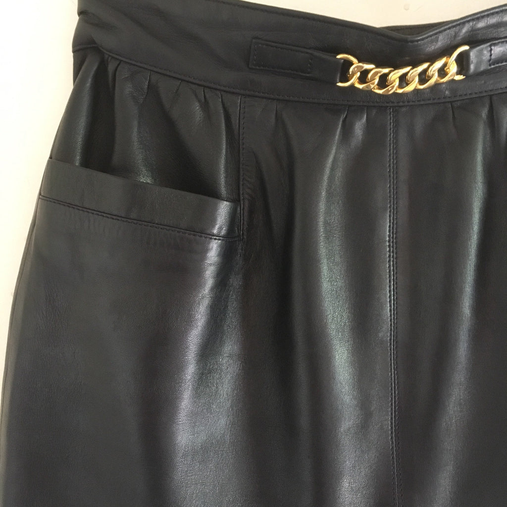 Vintage Celine dark blue lambskin leather high waisted skirt with gold chain brass 36/38