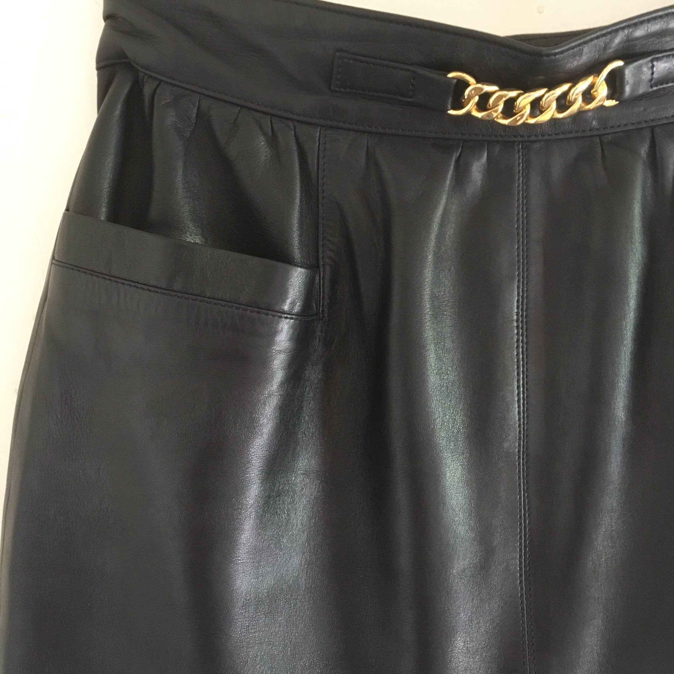 Vintage Celine dark blue lambskin leather high waisted skirt with gold chain brass 36/38