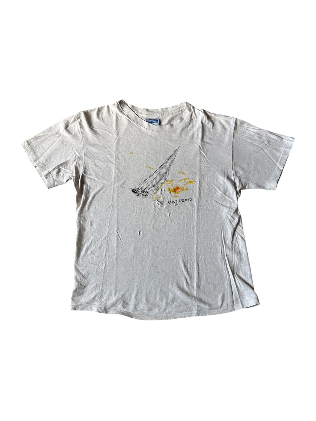Vintage 1986 Hanes Saint-Tropez single stitch distressed print t-shirt usa