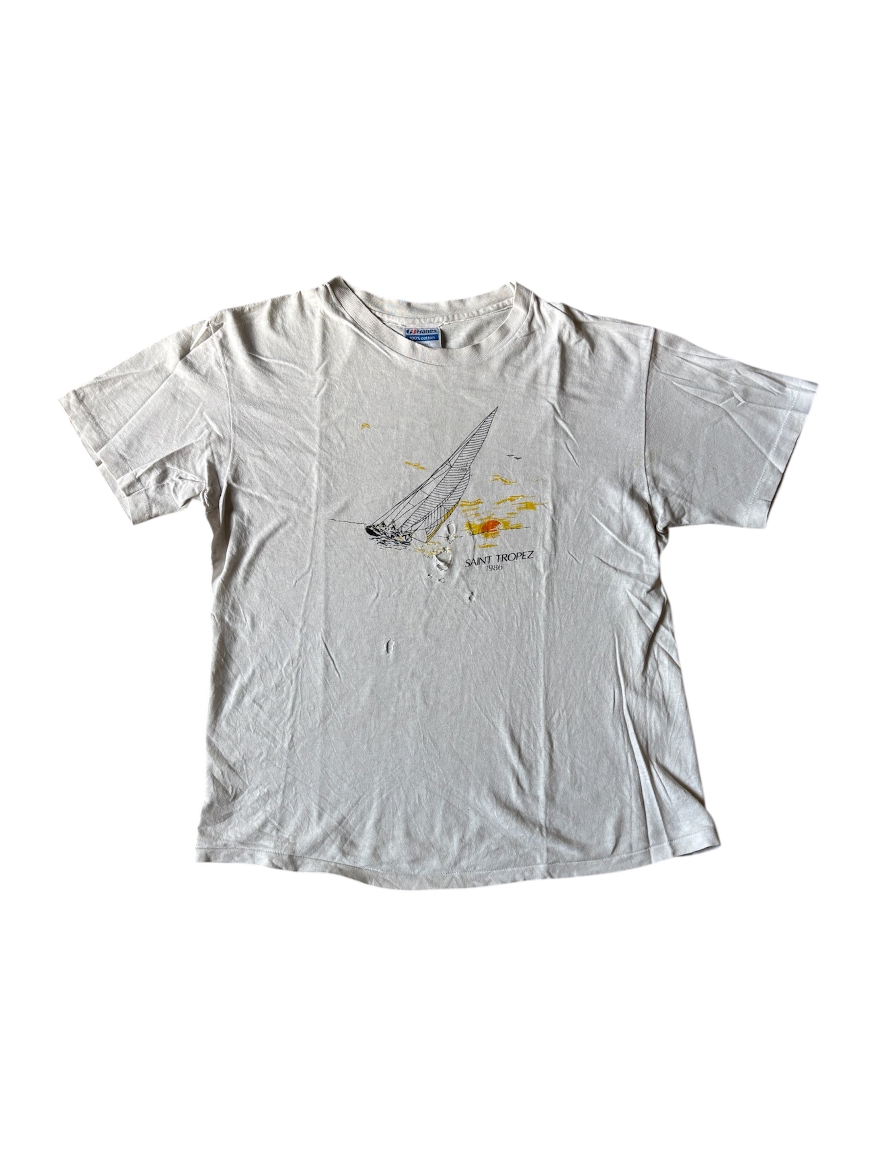 Vintage 1986 Hanes Saint-Tropez single stitch distressed print t-shirt usa
