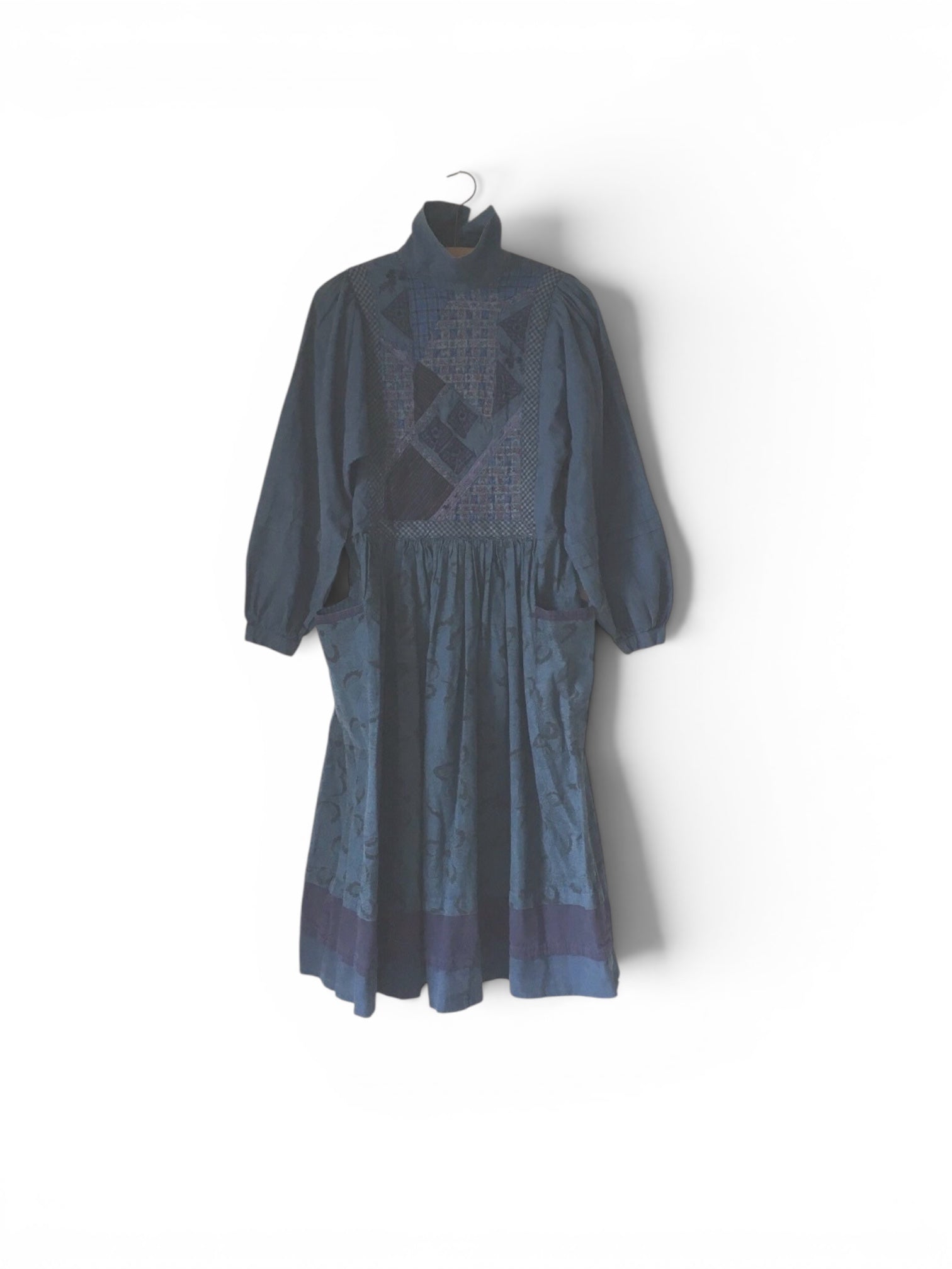Vintage 80's Patchwork Folk Blue Dress S/M