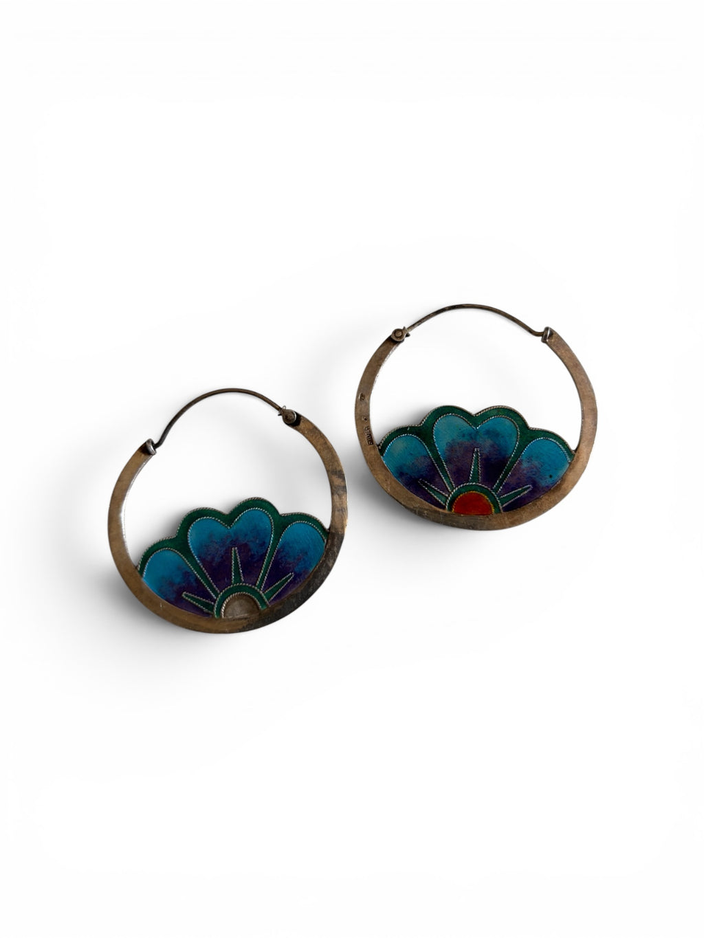 Vintage 70s sterling silver enamel flowers designer large hoop earings hand crafted