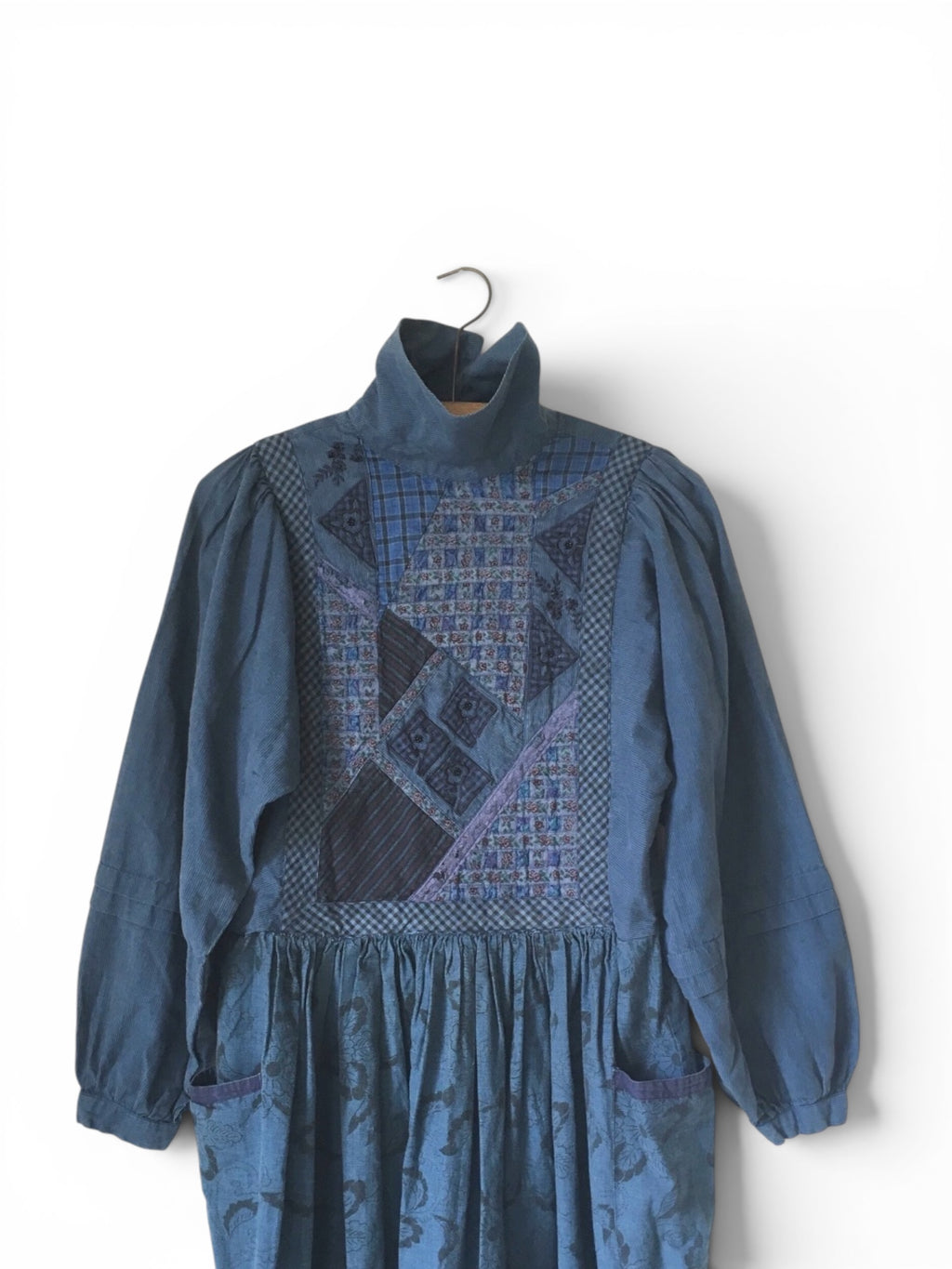 Vintage 80's Patchwork Folk Blue Dress S/M
