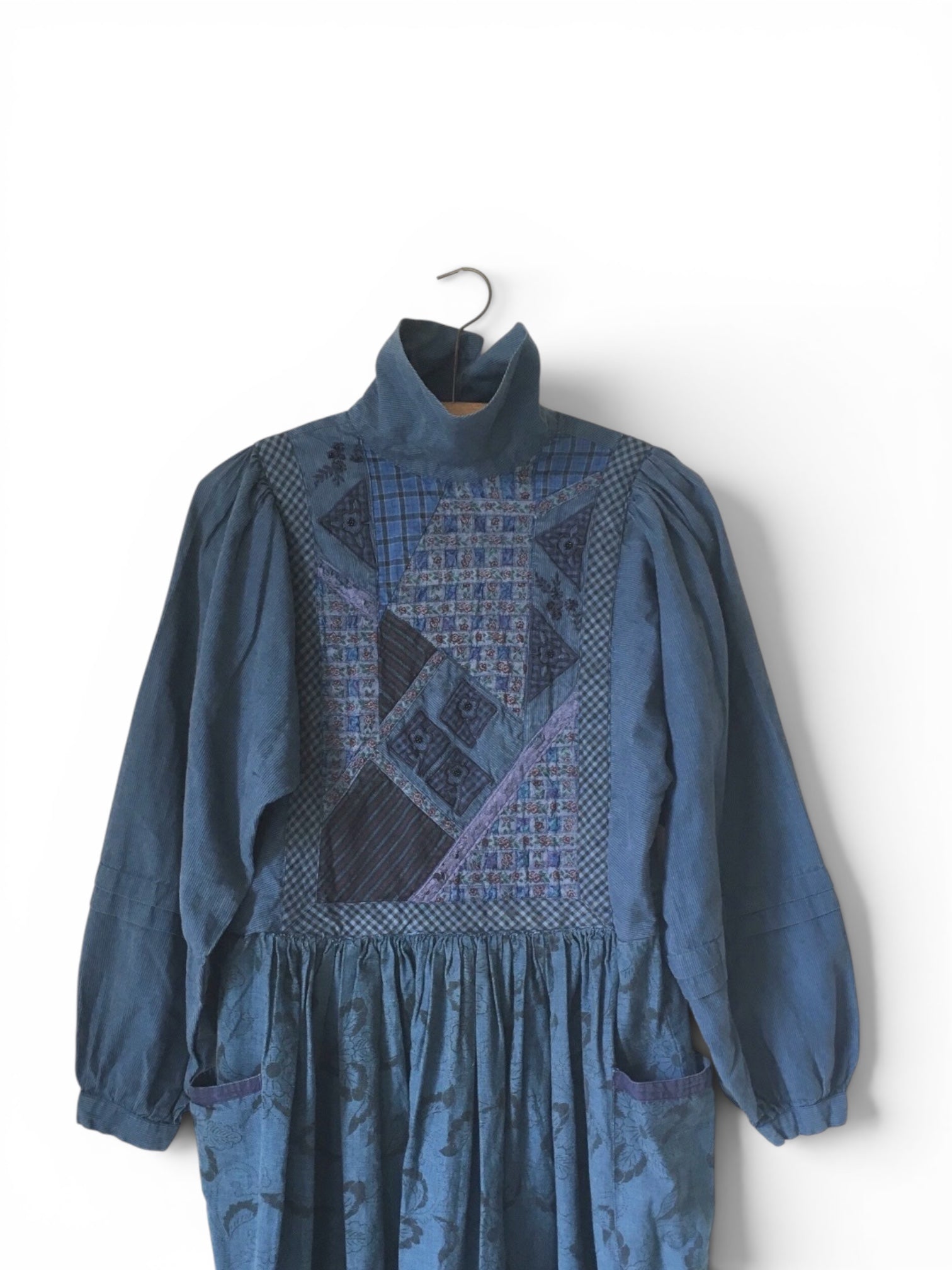 Vintage 80's Patchwork Folk Blue Dress S/M
