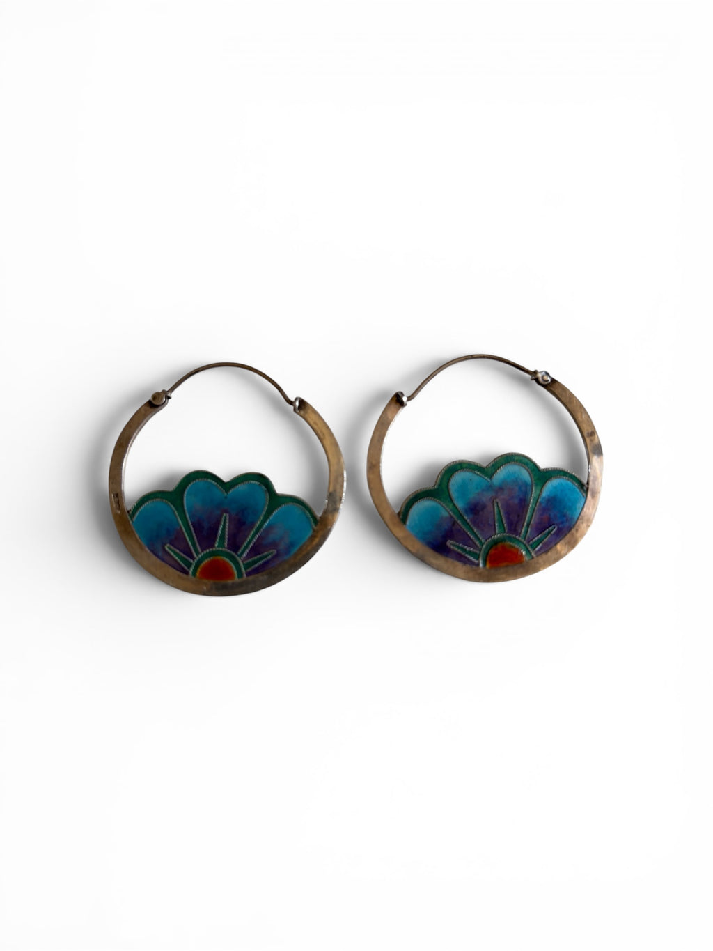 Vintage 70s sterling silver enamel flowers designer large hoop earings hand crafted