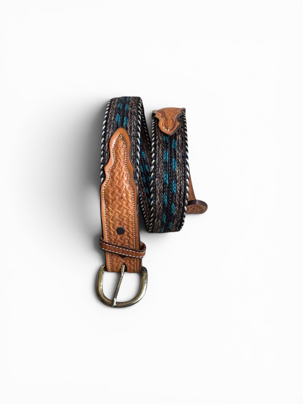 Vintage western horsehairs hand braided and tooled leather belt made in usa sz 30