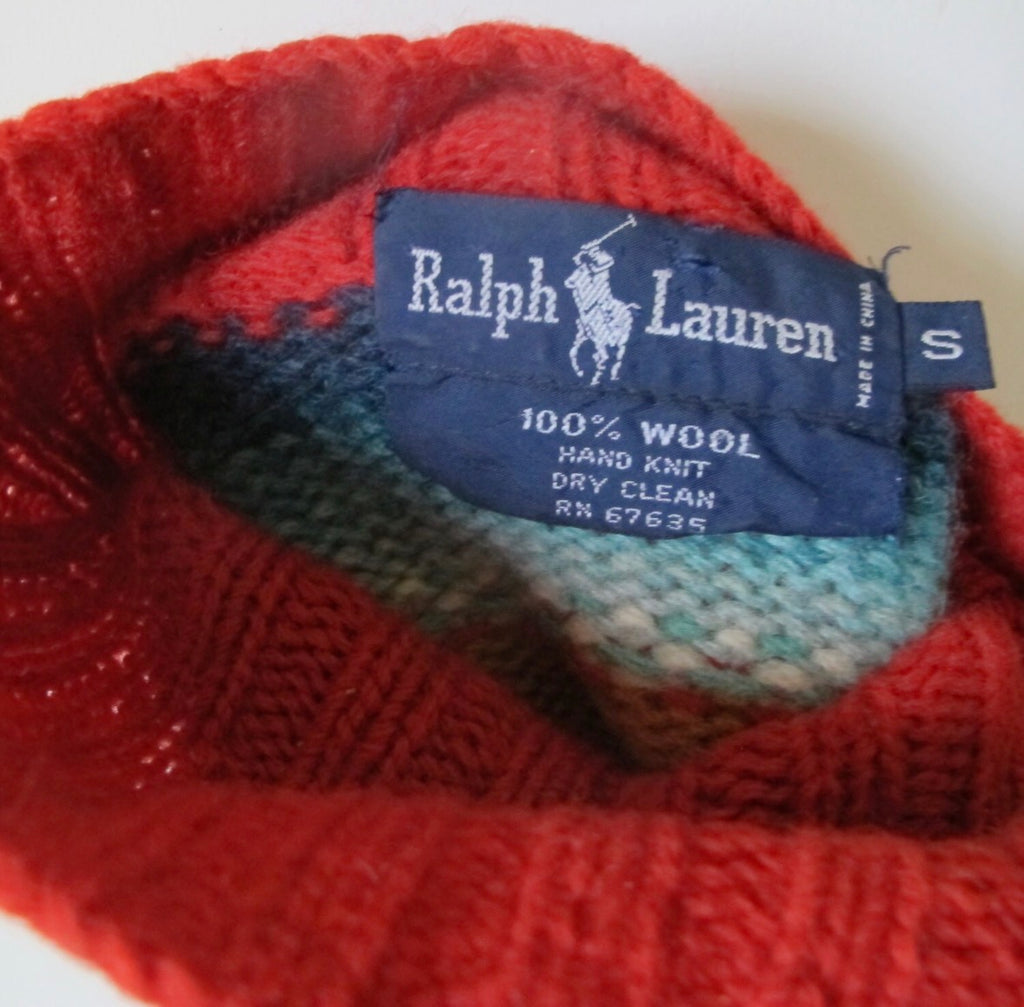 Rare Vintage 80's Ralph Lauren handknit Native American wool red stripes sweater S