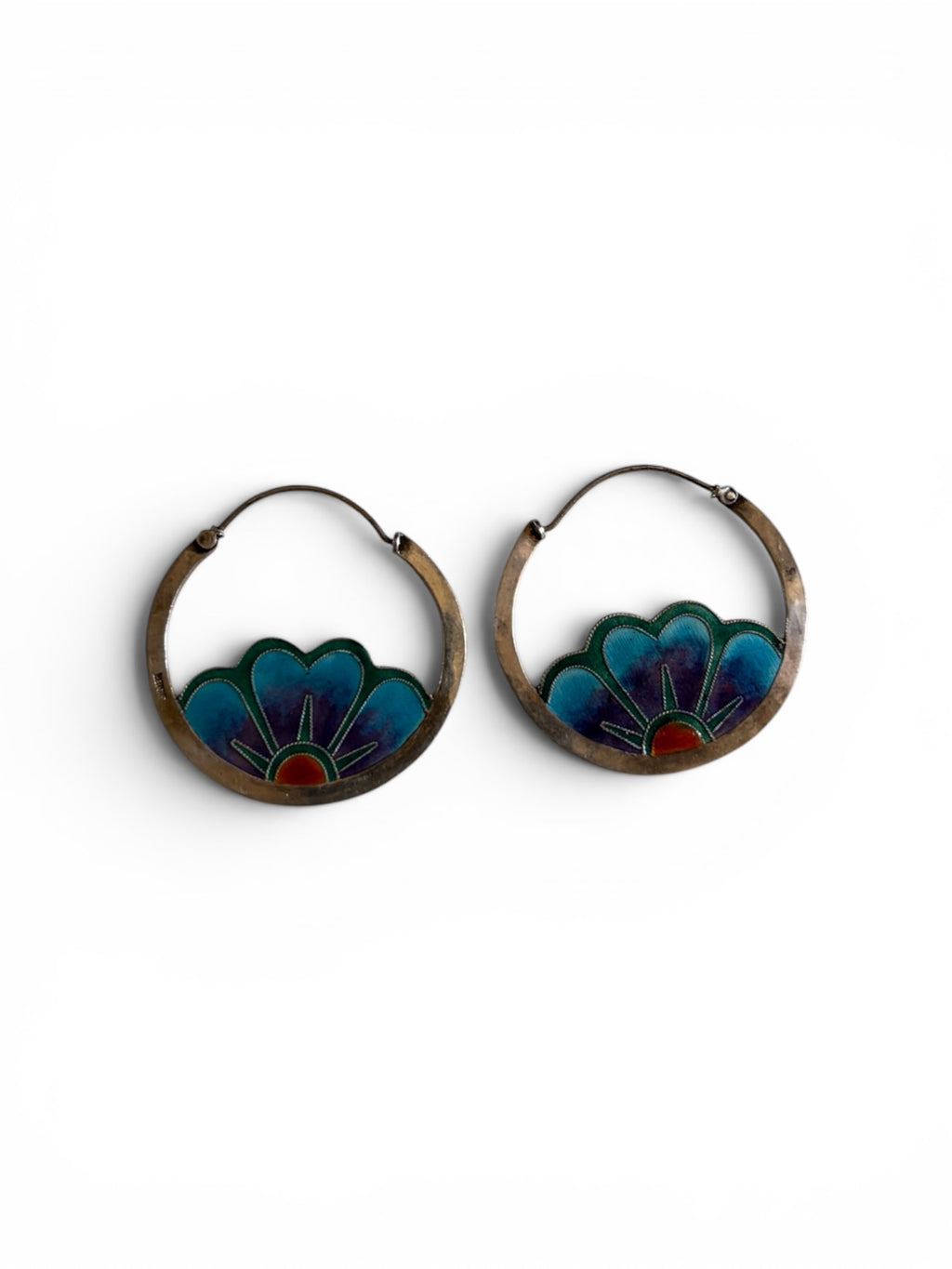 Vintage 70s sterling silver enamel flowers designer large hoop earings hand crafted