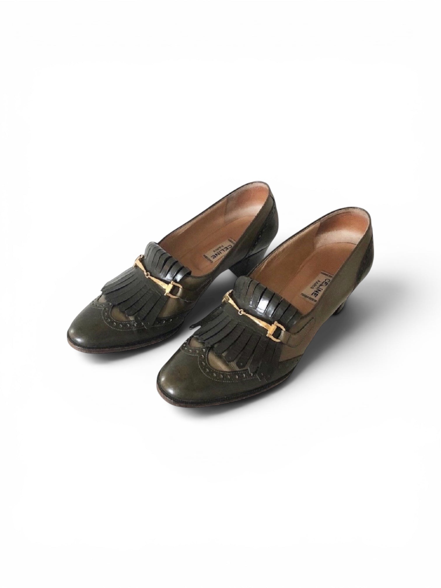 Vintage CELINE green Leather Fringes horsebit heels Loafers 37 FR