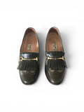 Vintage CELINE green Leather Fringes horsebit heels Loafers 37 FR
