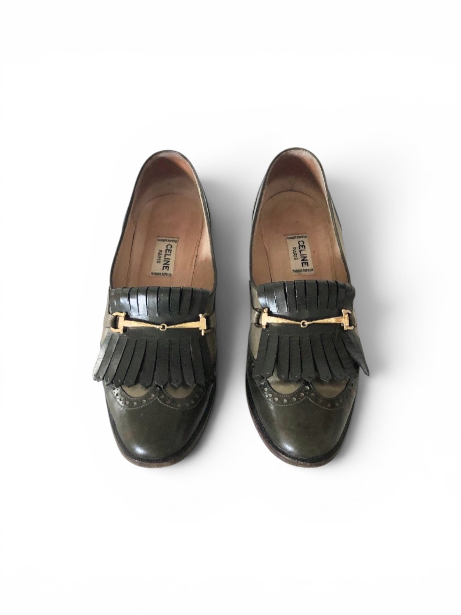 Vintage CELINE green Leather Fringes horsebit heels Loafers 37 FR