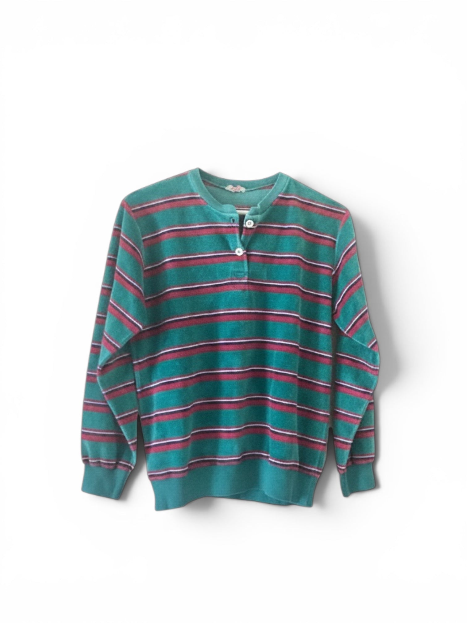 Vintage 70s Bloomingdale's velours turquoise striped sweat-shirt made in usa S|M
