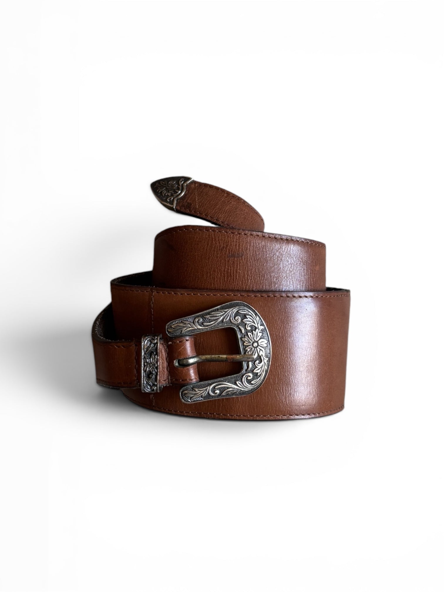 Vintage 80's usa large leather silver western buckle belt