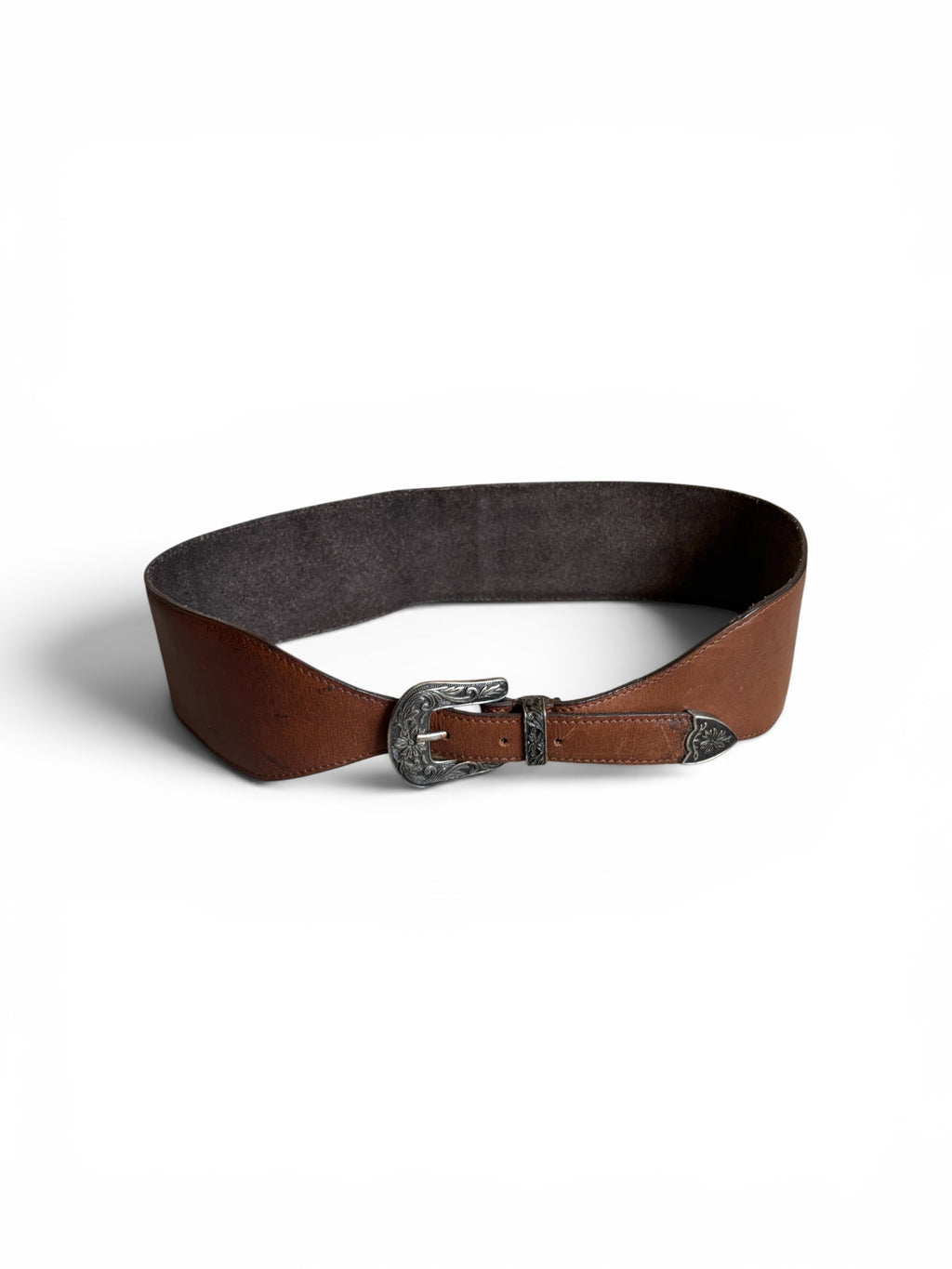 Vintage 80's usa large leather silver western buckle belt