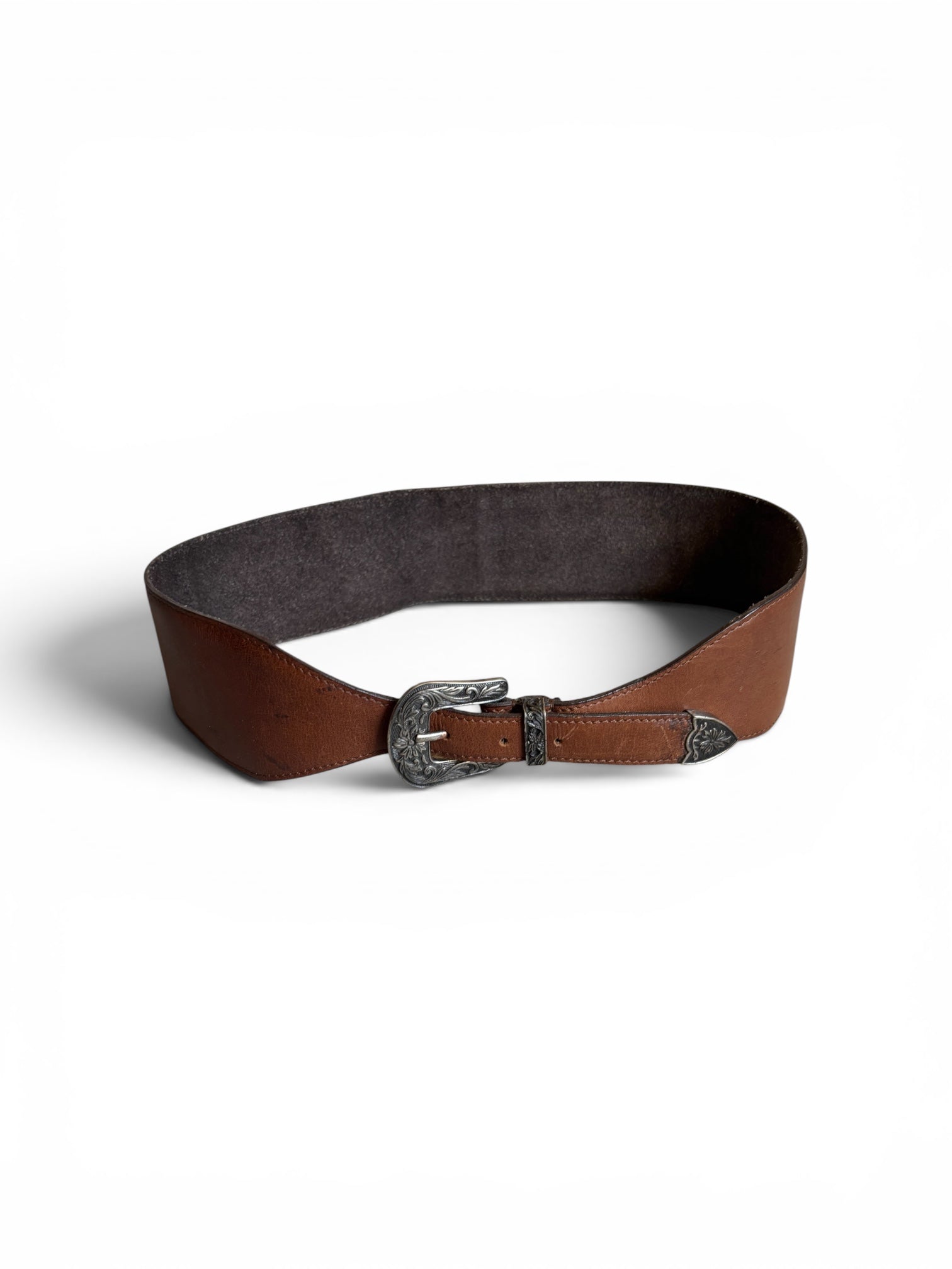 Vintage 80's usa large leather silver western buckle belt