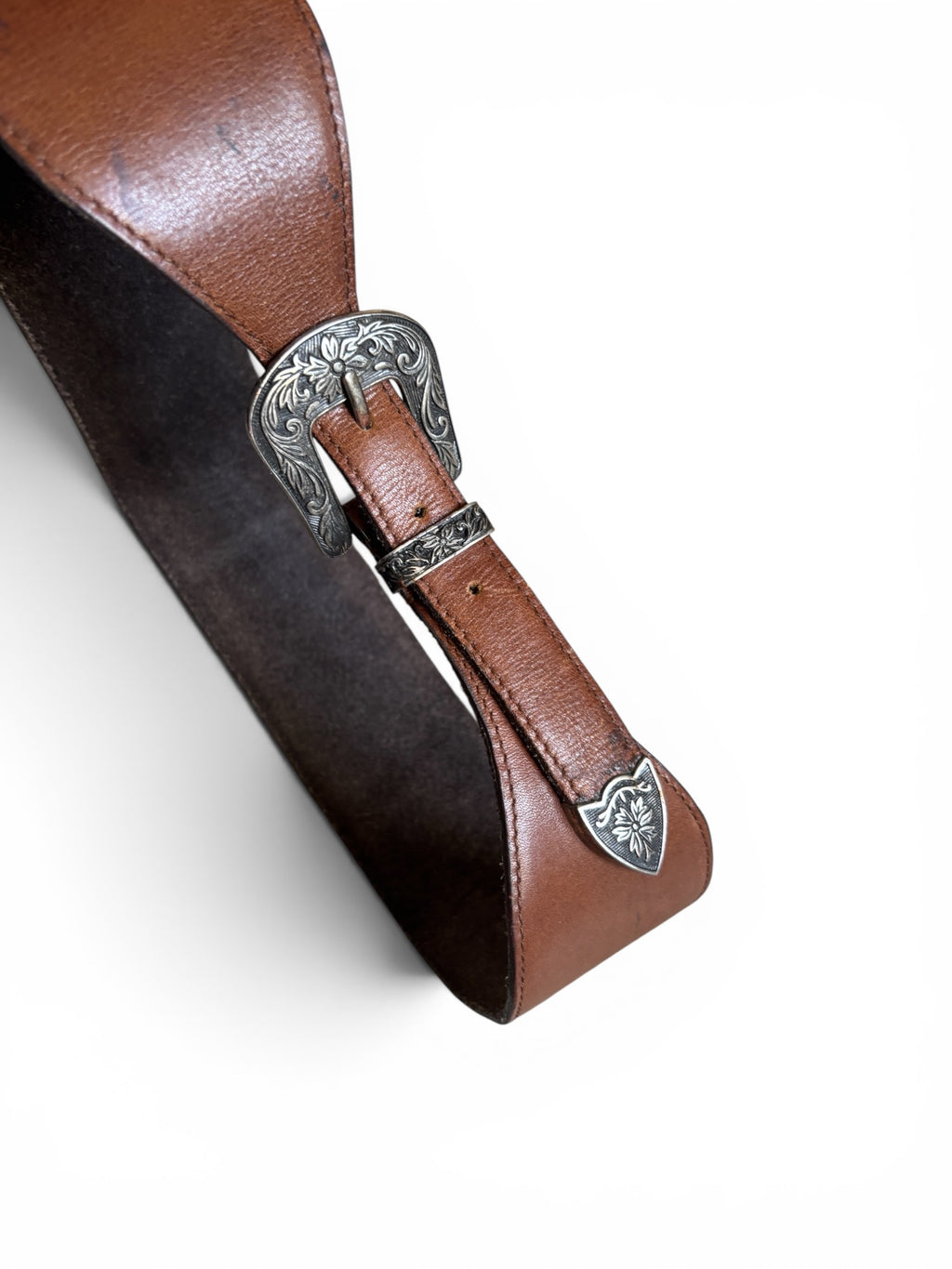 Vintage 80's usa large leather silver western buckle belt