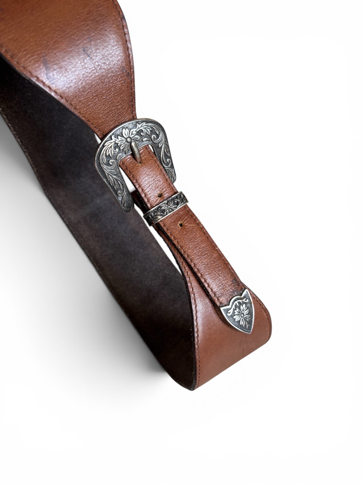 Vintage 80's usa large leather silver western buckle belt