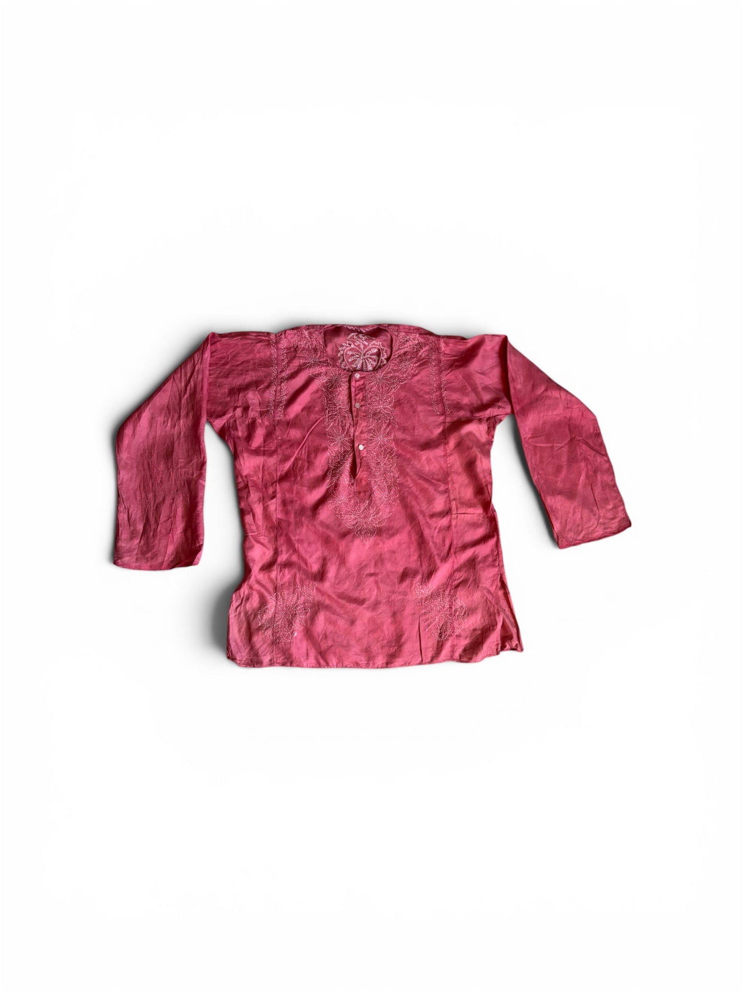 Vintage 70s indian sheer silk embroidered red sun faded tunic S/M