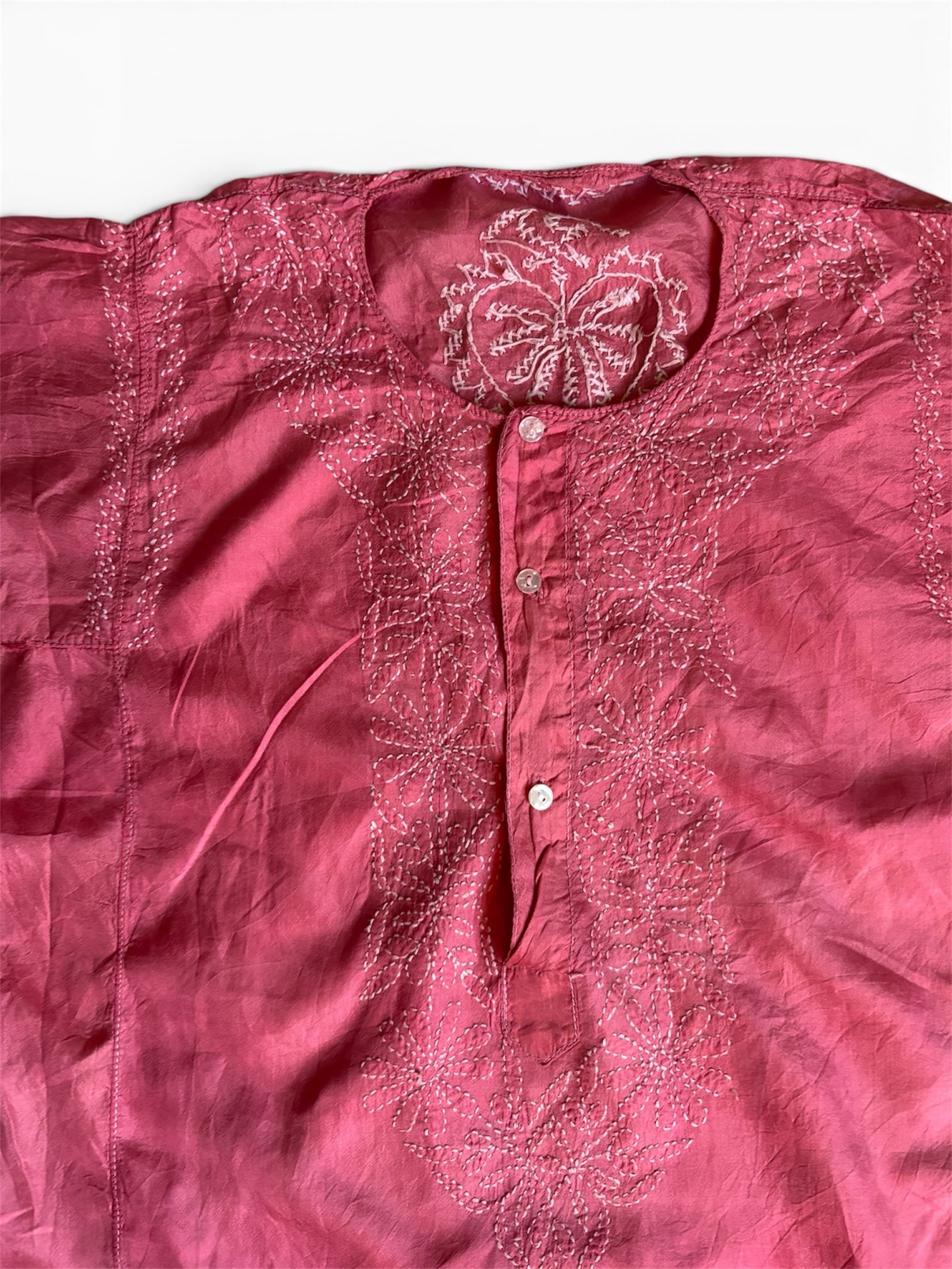 Vintage 70s indian sheer silk embroidered red sun faded tunic S/M