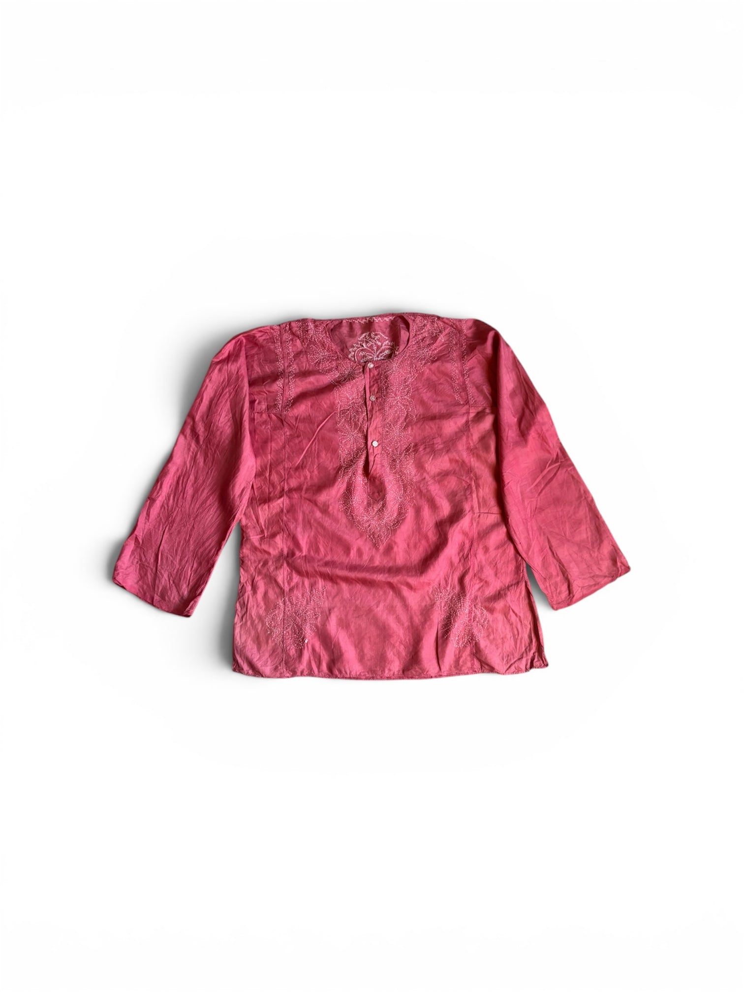 Vintage 70s indian sheer silk embroidered red sun faded tunic S/M