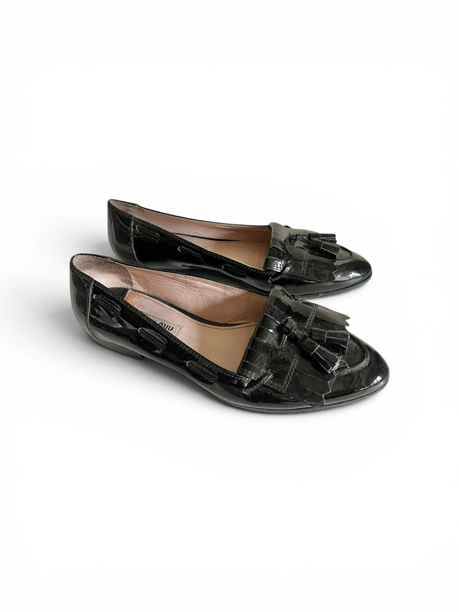 Vintage Miu Miu black patent leather flats fringed mocassins 37