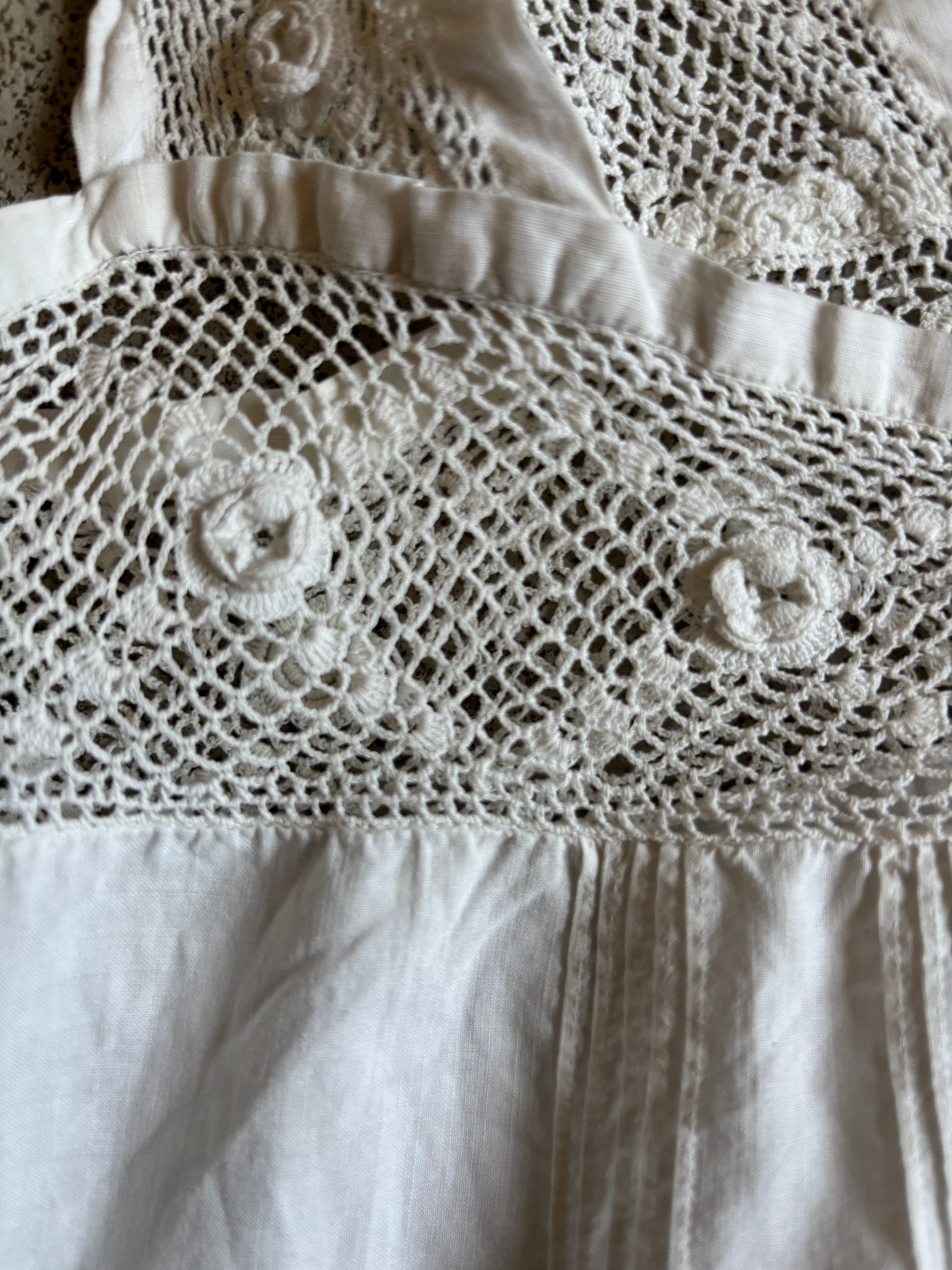 Old French crochet white cotton mini dress top