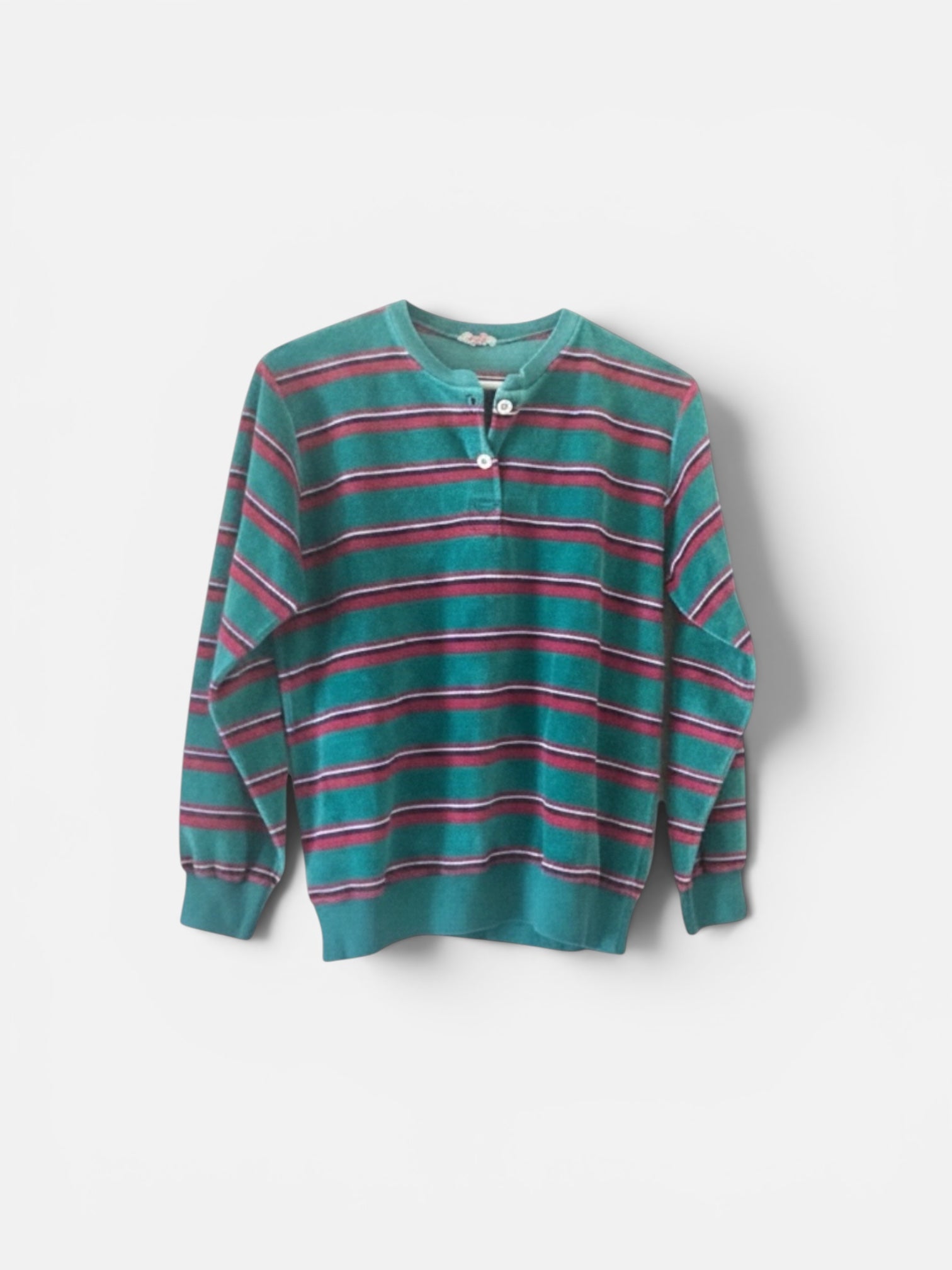 Vintage 70s Bloomingdale's velours turquoise striped sweat-shirt made in usa S|M