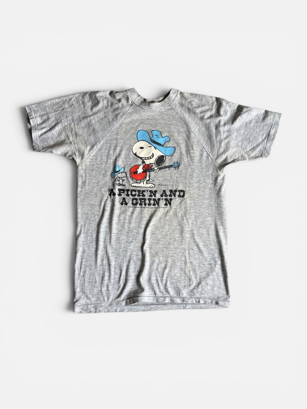 Rare Vintage late 70's Snoopy Pick'n and A Grin'n grey raglan t-shirt