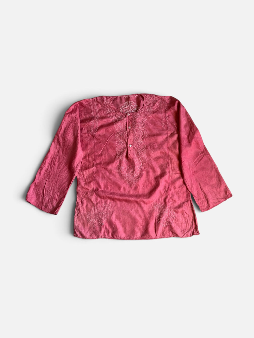 Vintage 70s indian sheer silk embroidered red sun faded tunic S/M