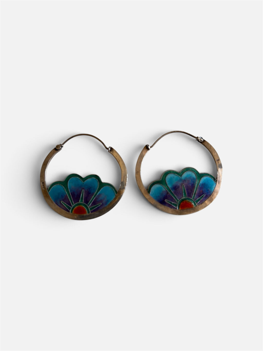 Vintage 70s sterling silver enamel flowers designer large hoop earings hand crafted