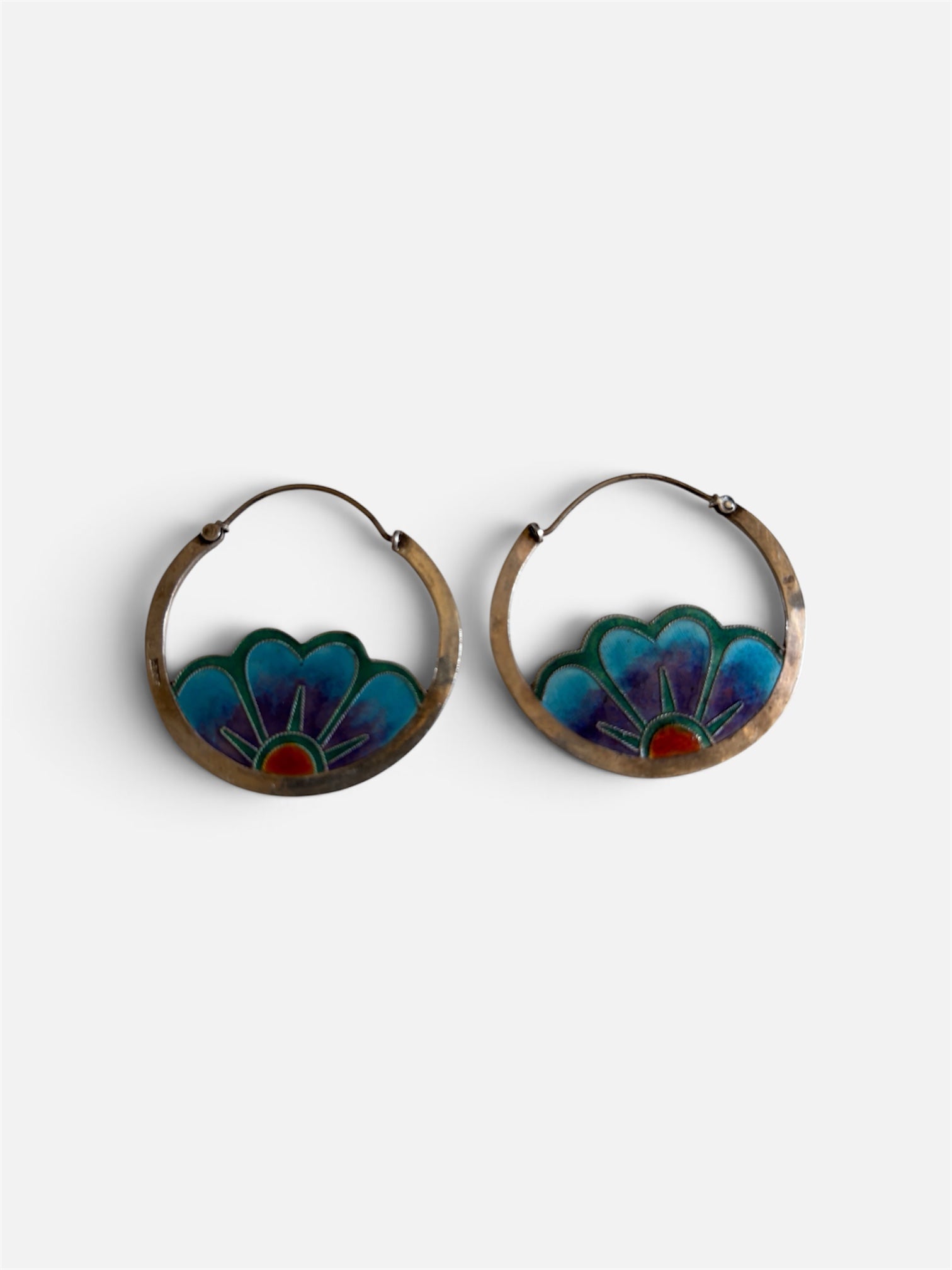 Vintage 70s sterling silver enamel flowers designer large hoop earings hand crafted
