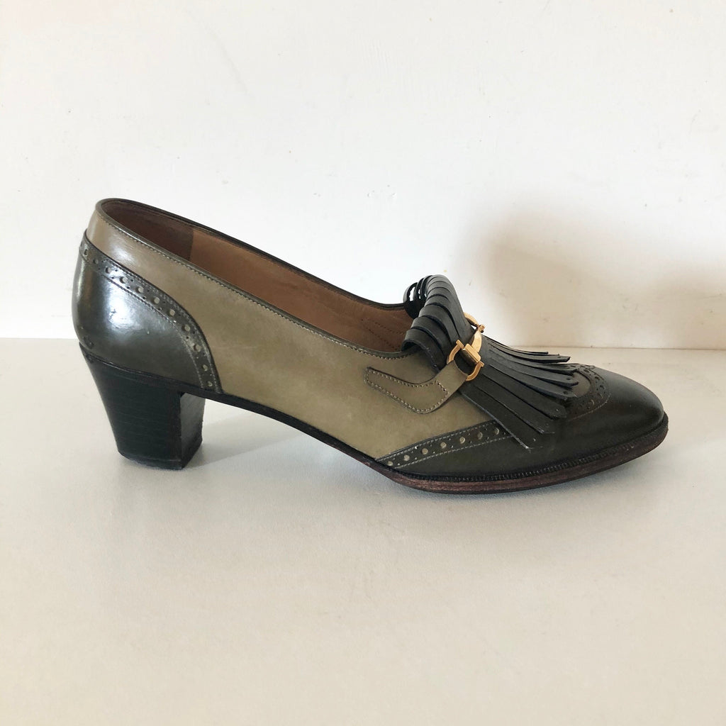 Vintage CELINE green Leather Fringes horsebit heels Loafers 37 FR